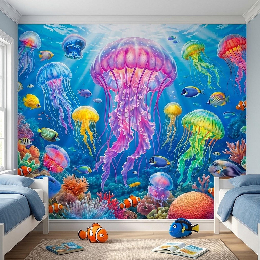 Jellyfish Peel and Stick Wall Mural, Underwater Ocean Scene with Coral Reef and Tropical Fish, Colorful Sea Life Kids Room Wallpaper