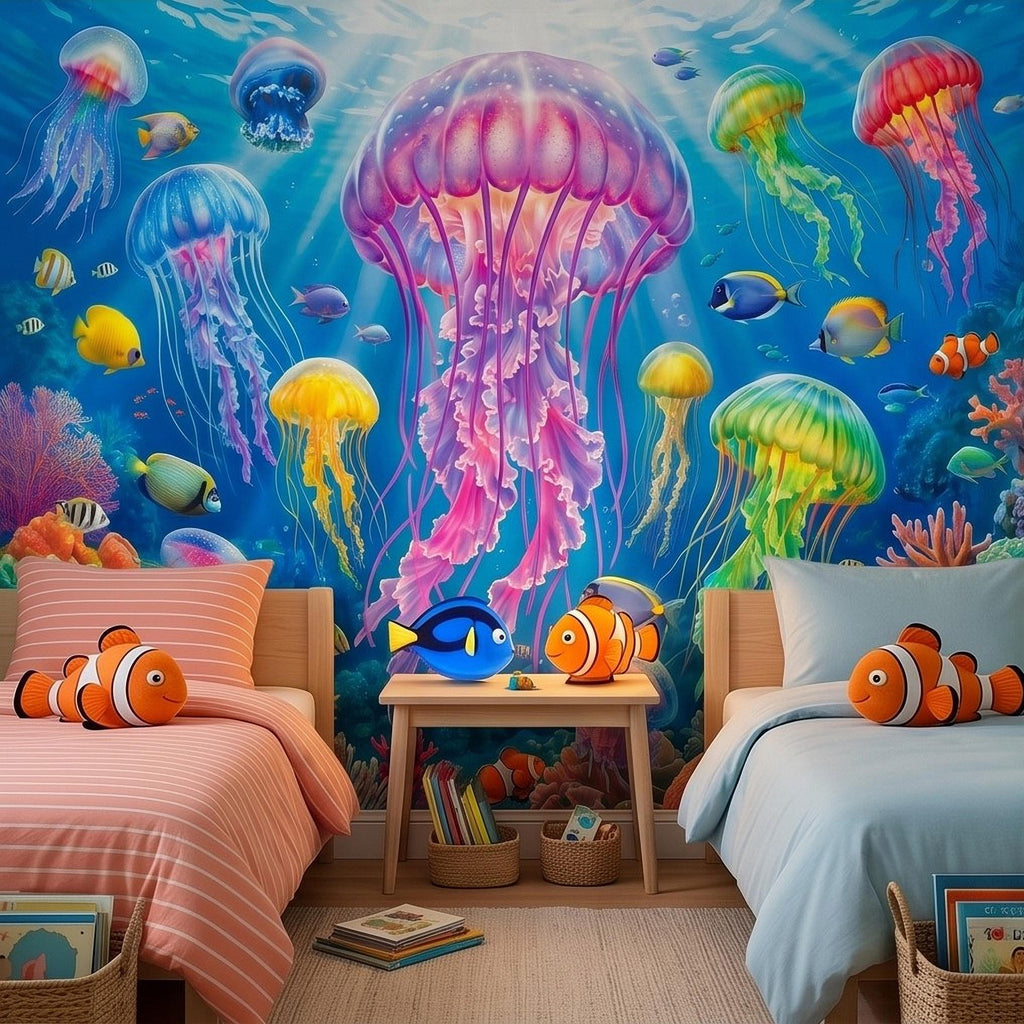 Jellyfish Peel and Stick Wall Mural, Underwater Ocean Scene with Coral Reef and Tropical Fish, Colorful Sea Life Kids Room Wallpaper