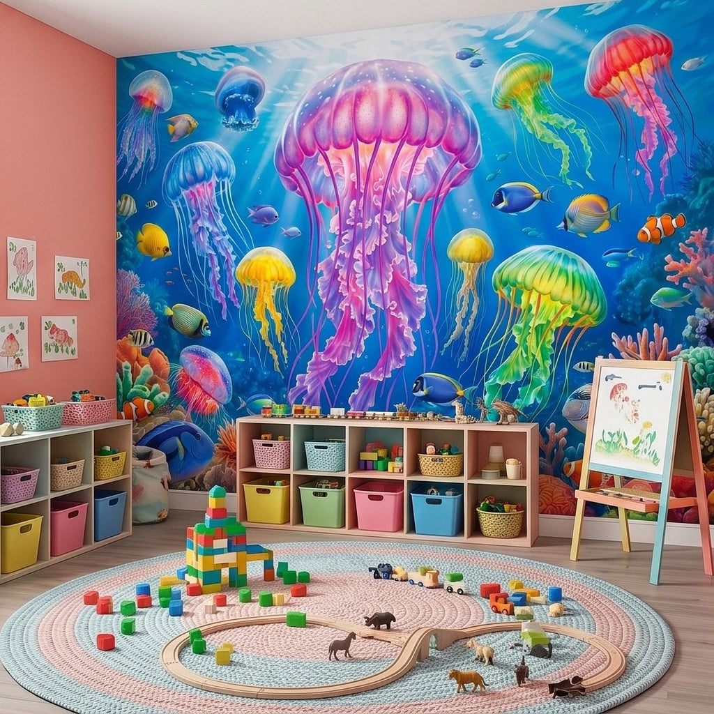 Jellyfish Peel and Stick Wall Mural, Underwater Ocean Scene with Coral Reef and Tropical Fish, Colorful Sea Life Kids Room Wallpaper