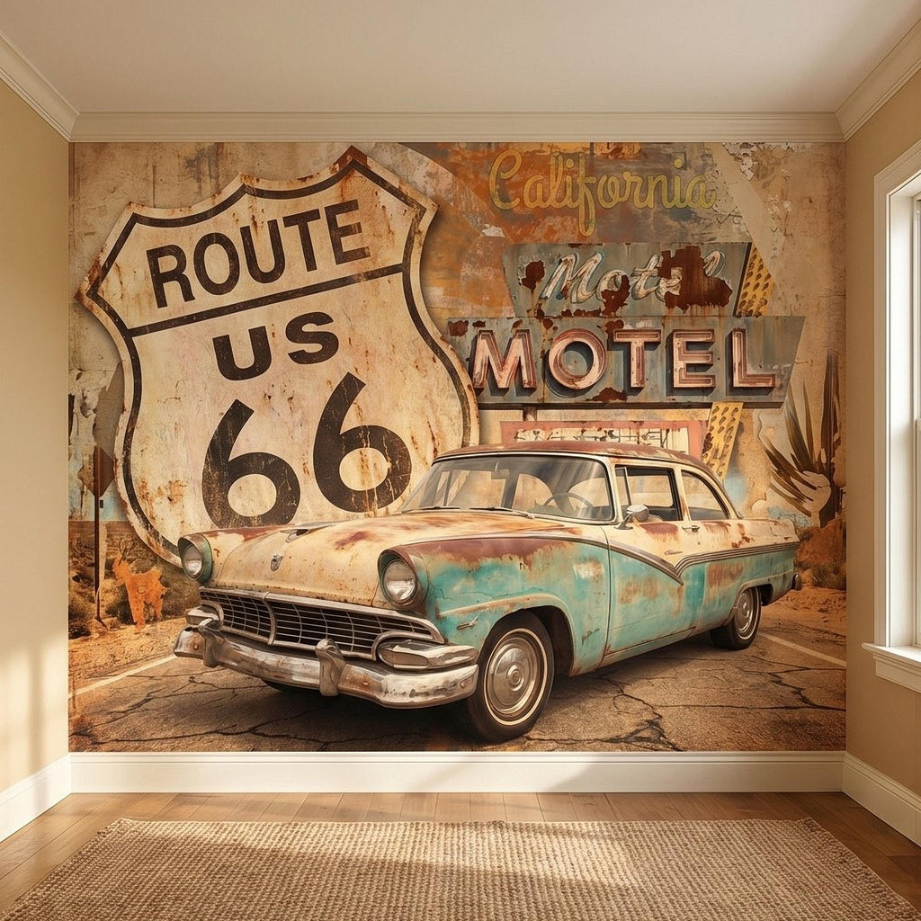 Vintage Route 66 Peel and Stick Wall Mural, Retro Motel Sign with Classic Car Rustic American Garage Loft Wallpaper