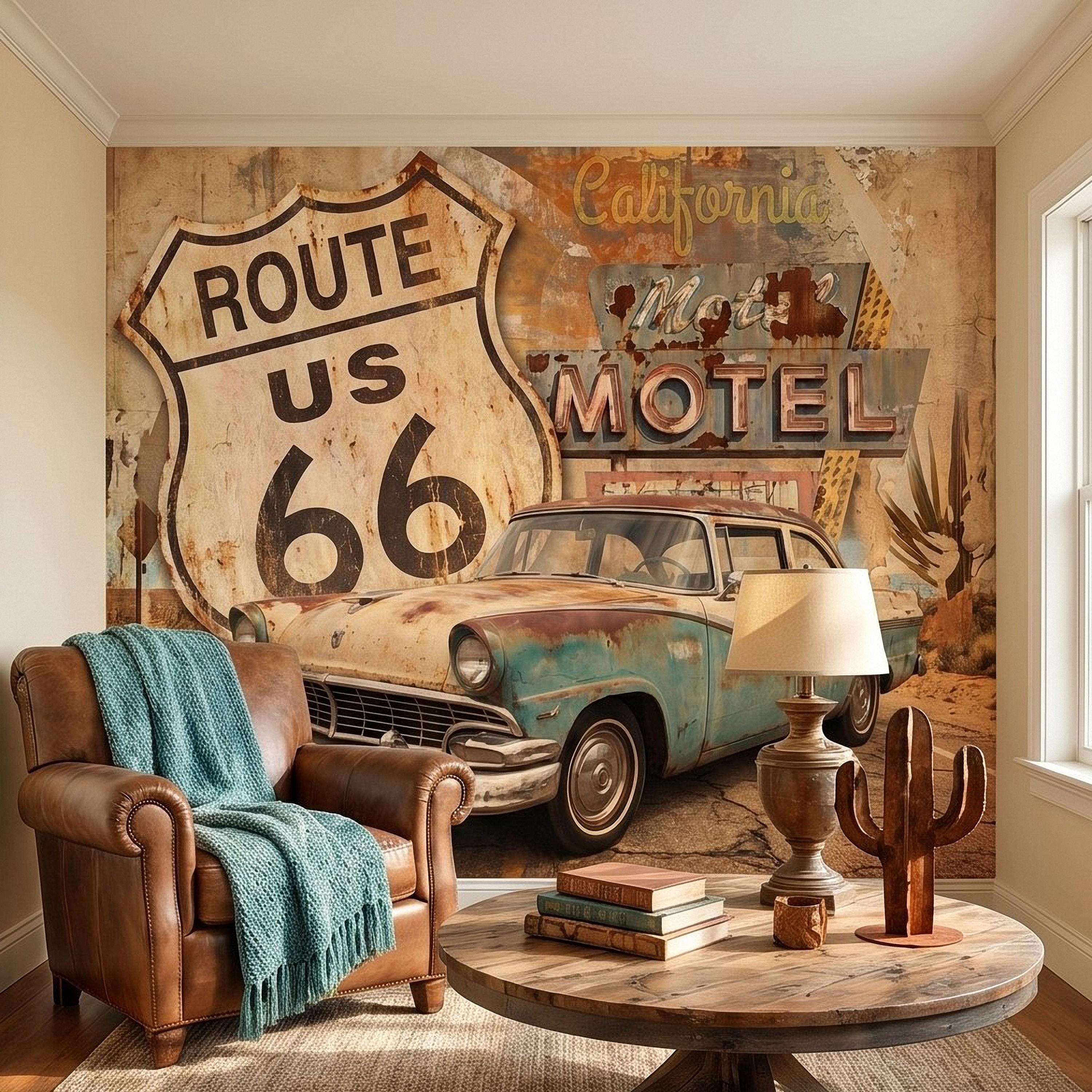 Vintage Route 66 Peel and Stick Wall Mural, Retro Motel Sign with Classic Car Rustic American Garage Loft Wallpaper