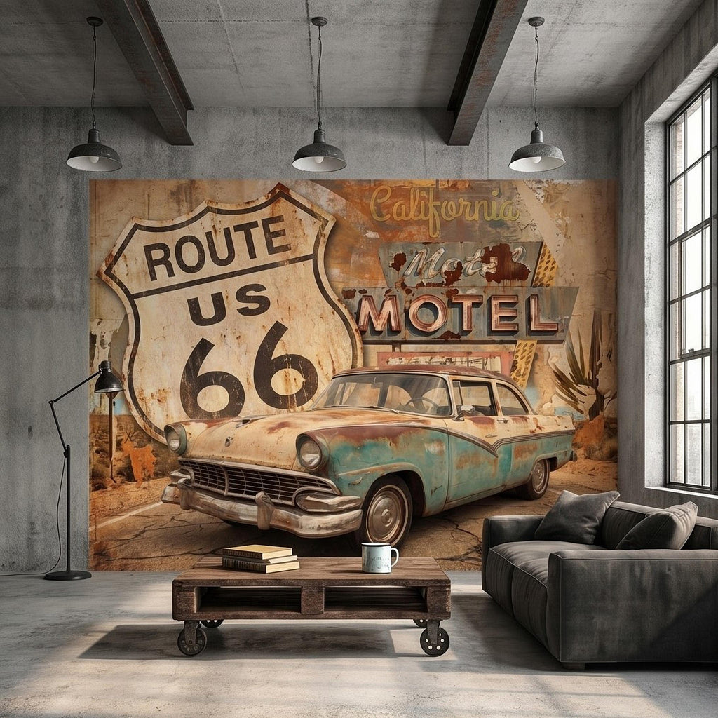 Vintage Route 66 Peel and Stick Wall Mural, Retro Motel Sign with Classic Car Rustic American Garage Loft Wallpaper