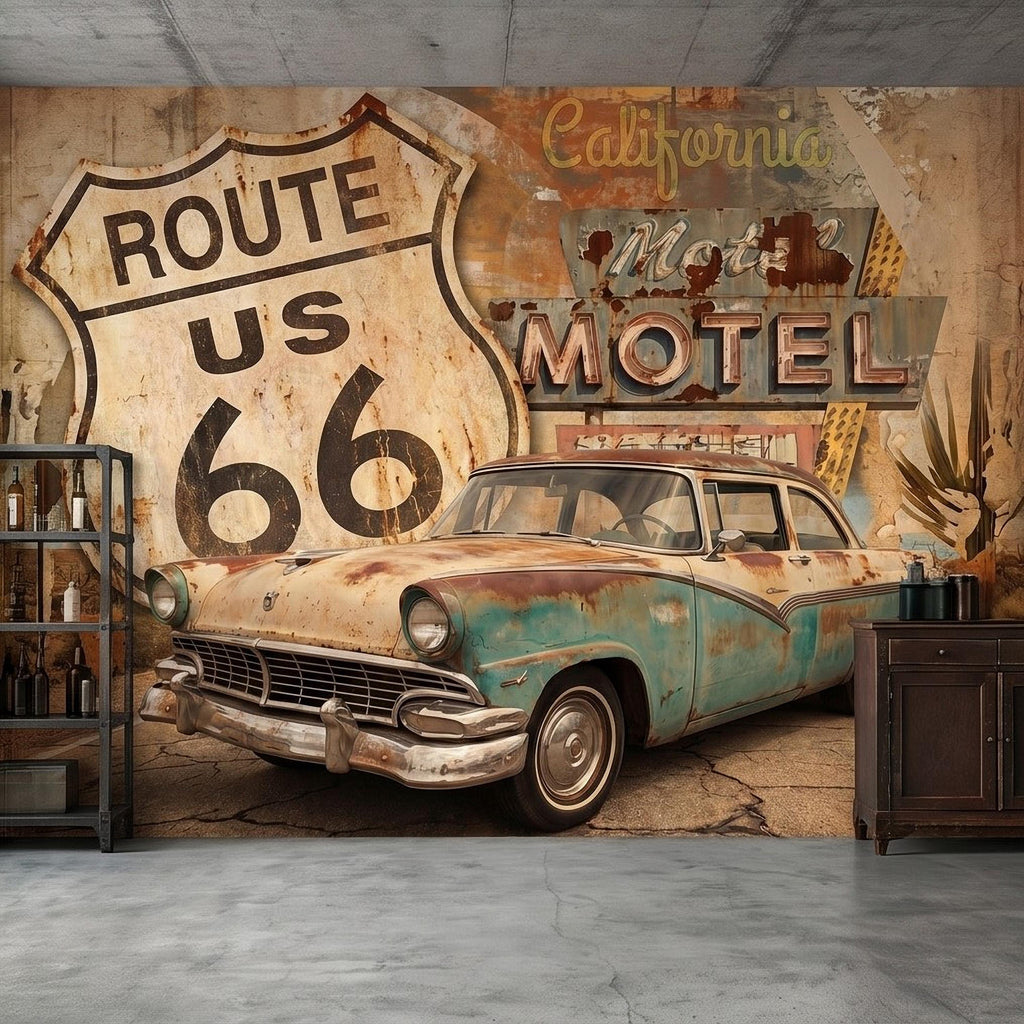 Vintage Route 66 Peel and Stick Wall Mural, Retro Motel Sign with Classic Car Rustic American Garage Loft Wallpaper
