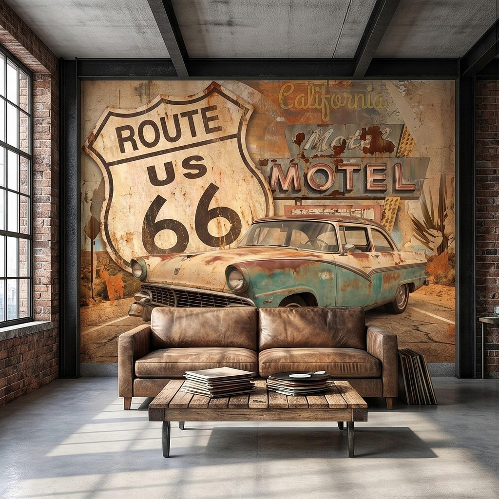 Vintage Route 66 Peel and Stick Wall Mural, Retro Motel Sign with Classic Car Rustic American Garage Loft Wallpaper