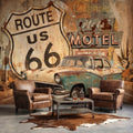 Vintage Route 66 Peel and Stick Wall Mural, Retro Motel Sign with Classic Car Rustic American Garage Loft Wallpaper