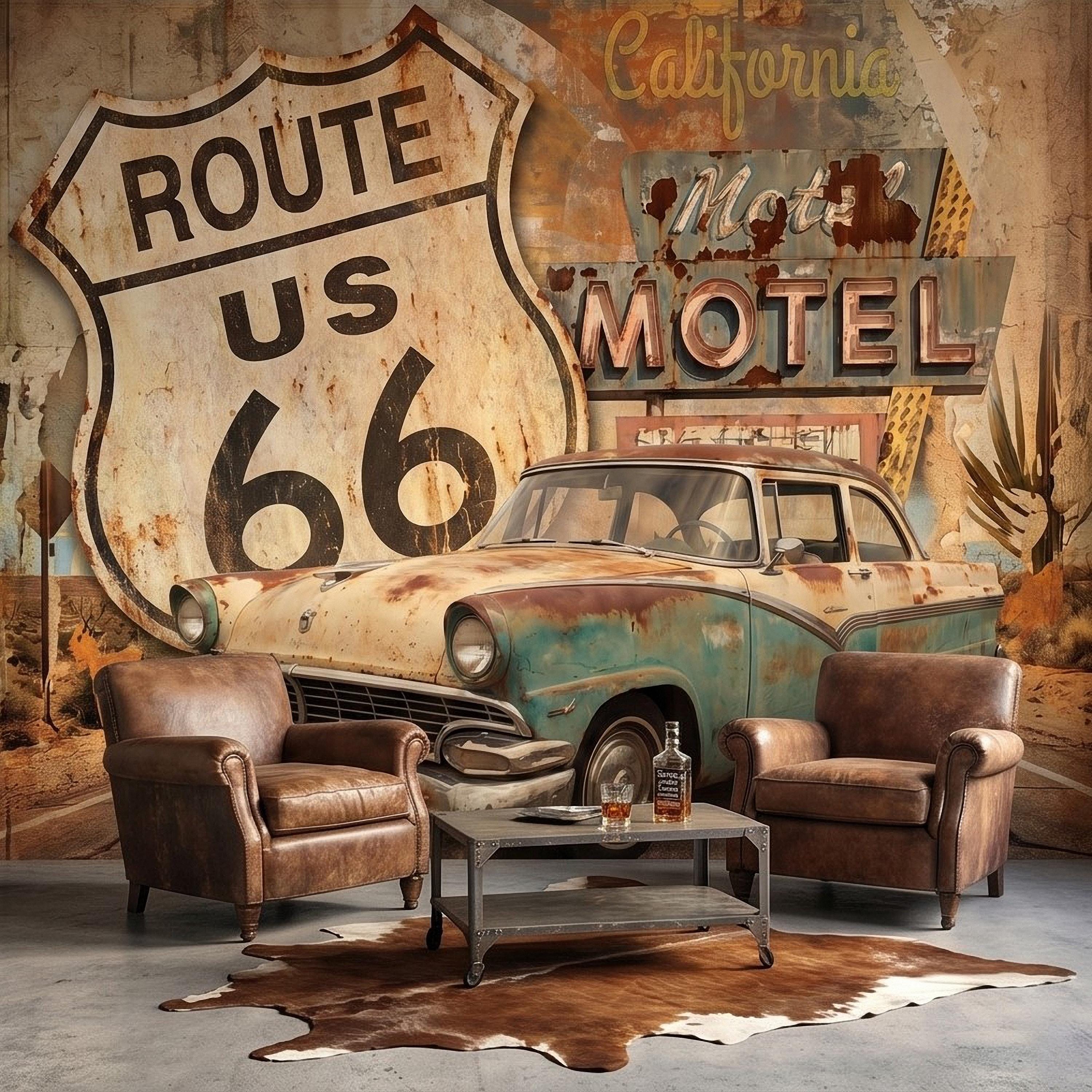 Vintage Route 66 Peel and Stick Wall Mural, Retro Motel Sign with Classic Car Rustic American Garage Loft Wallpaper