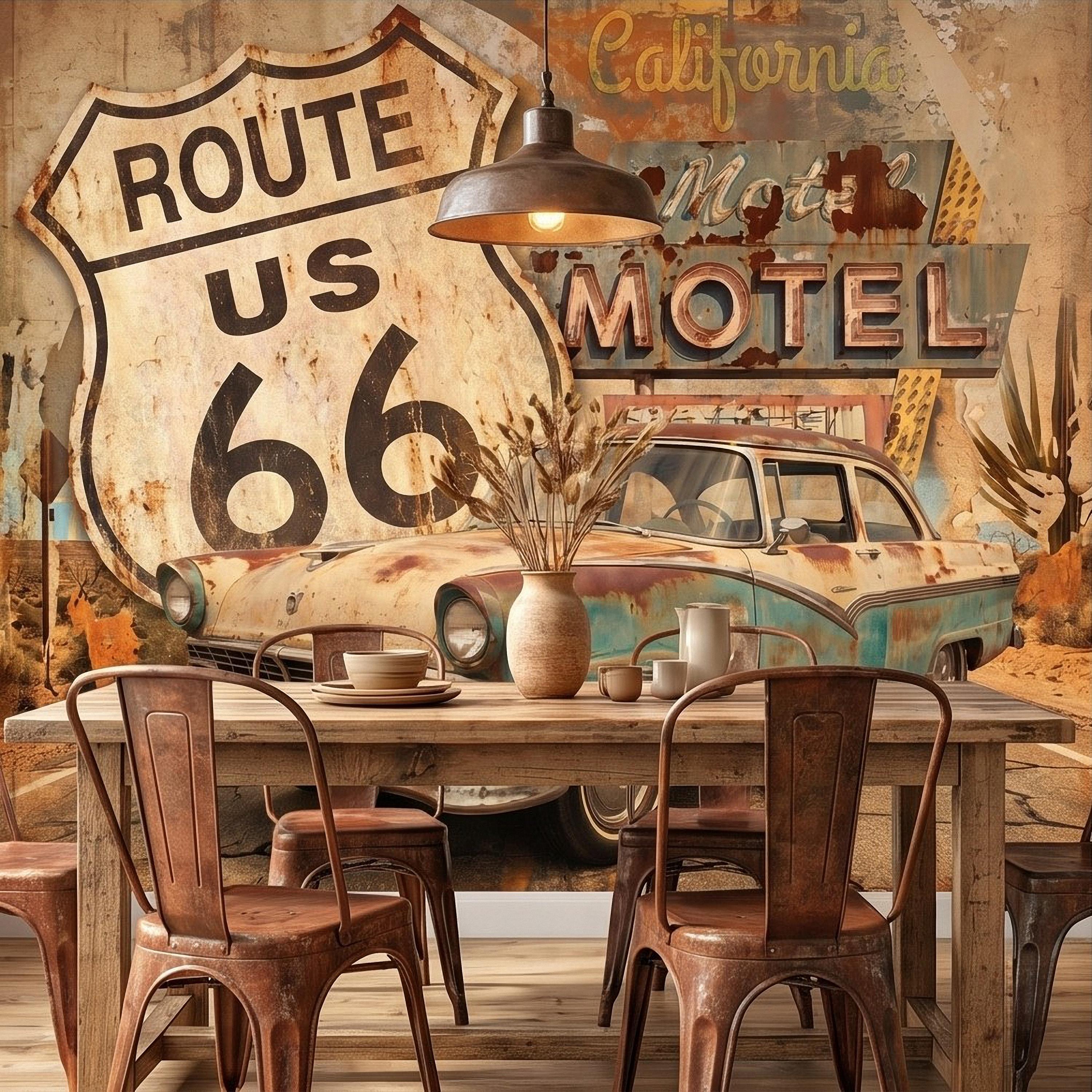 Vintage Route 66 Peel and Stick Wall Mural, Retro Motel Sign with Classic Car Rustic American Garage Loft Wallpaper