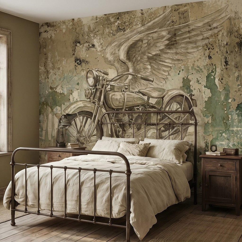 Vintage Motorcycle Peel and Stick Wall Mural, Retro Biker with Wings Rustic Industrial Garage Man Cave Wallpaper