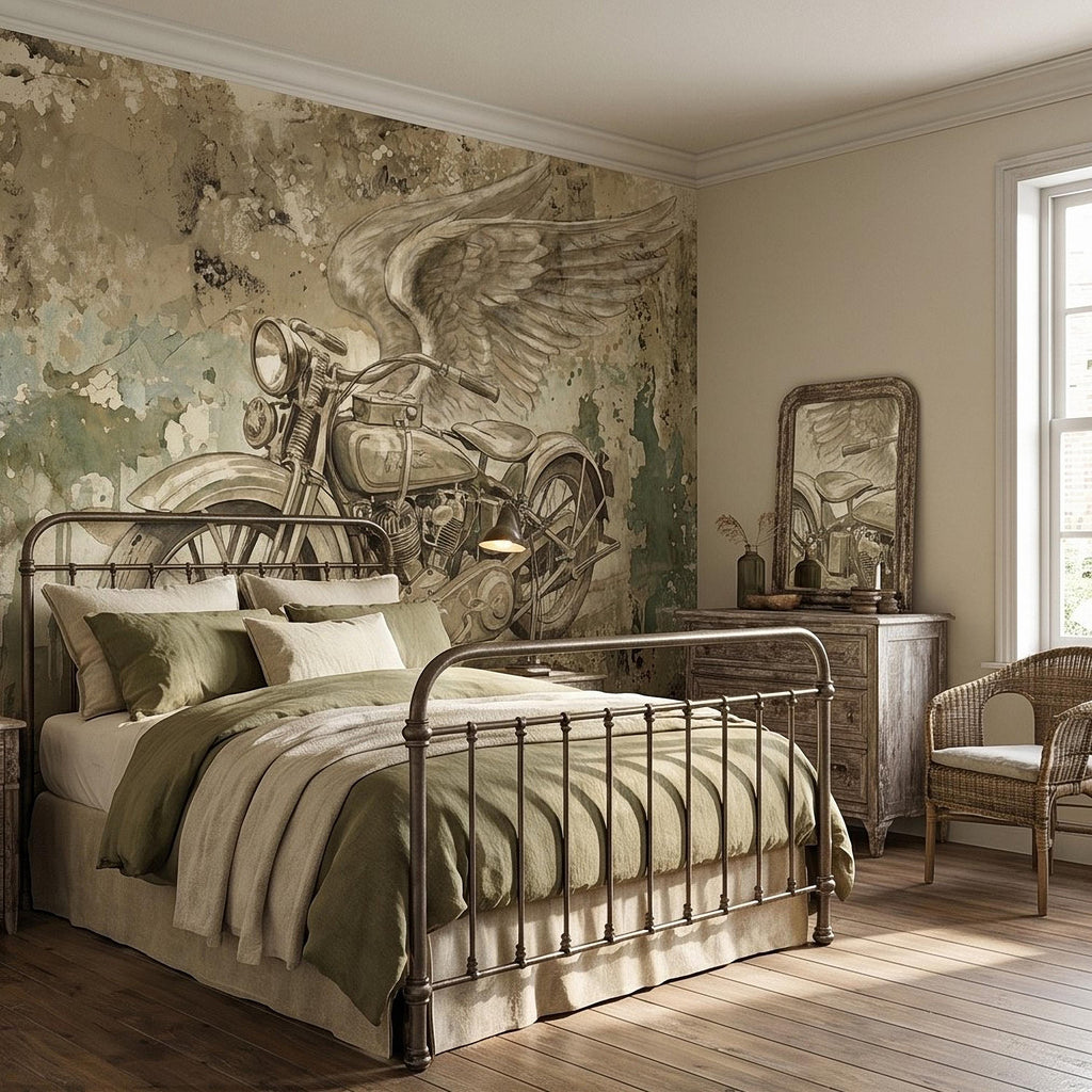 Vintage Motorcycle Peel and Stick Wall Mural, Retro Biker with Wings Rustic Industrial Garage Man Cave Wallpaper