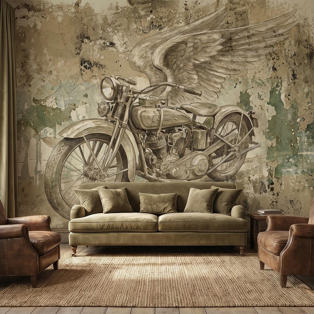 Vintage Motorcycle Peel and Stick Wall Mural, Retro Biker with Wings Rustic Industrial Garage Man Cave Wallpaper