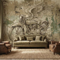 Vintage Motorcycle Peel and Stick Wall Mural, Retro Biker with Wings Rustic Industrial Garage Man Cave Wallpaper