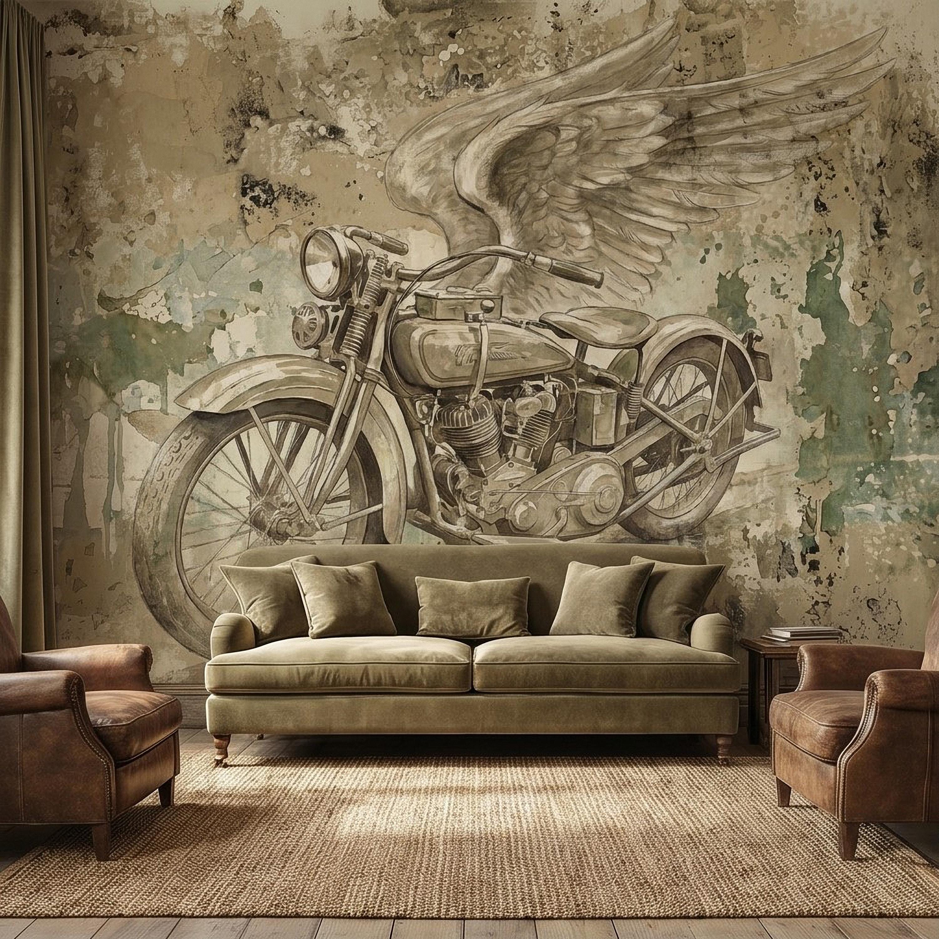 Vintage Motorcycle Peel and Stick Wall Mural, Retro Biker with Wings Rustic Industrial Garage Man Cave Wallpaper