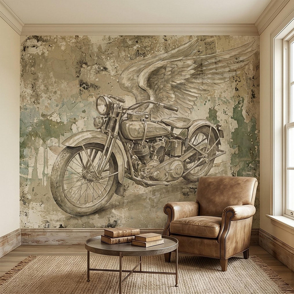 Vintage Motorcycle Peel and Stick Wall Mural, Retro Biker with Wings Rustic Industrial Garage Man Cave Wallpaper