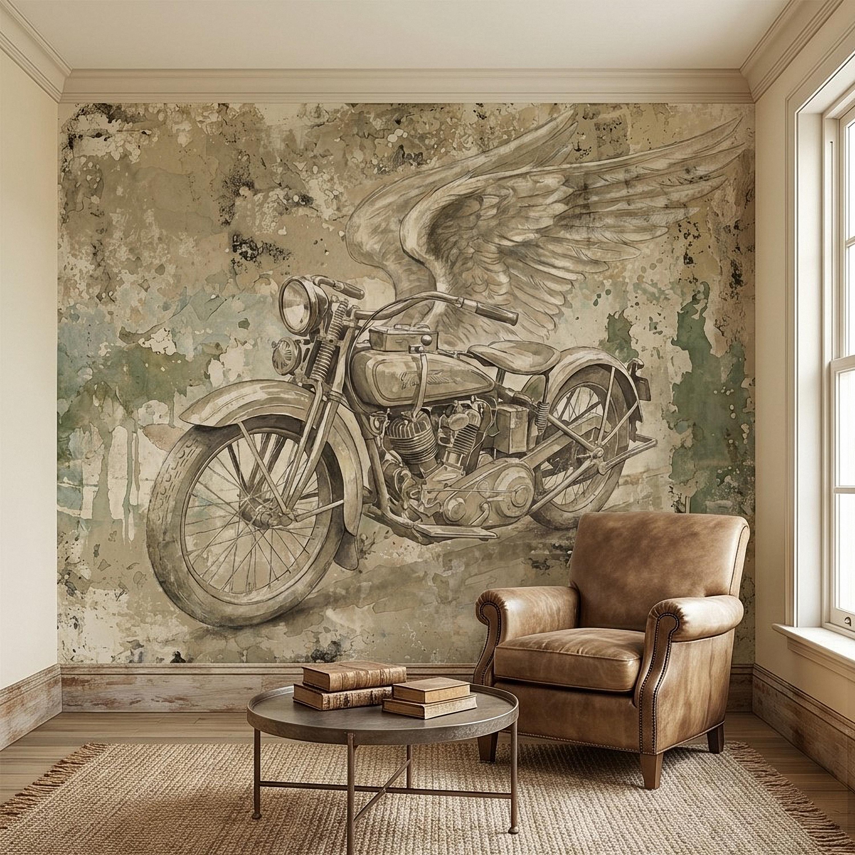 Vintage Motorcycle Peel and Stick Wall Mural, Retro Biker with Wings Rustic Industrial Garage Man Cave Wallpaper