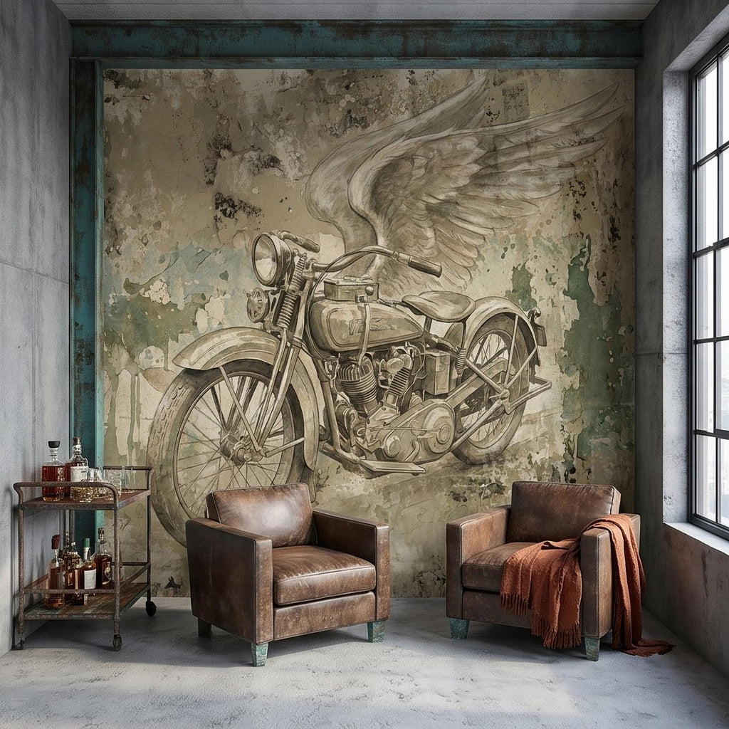 Vintage Motorcycle Peel and Stick Wall Mural, Retro Biker with Wings Rustic Industrial Garage Man Cave Wallpaper