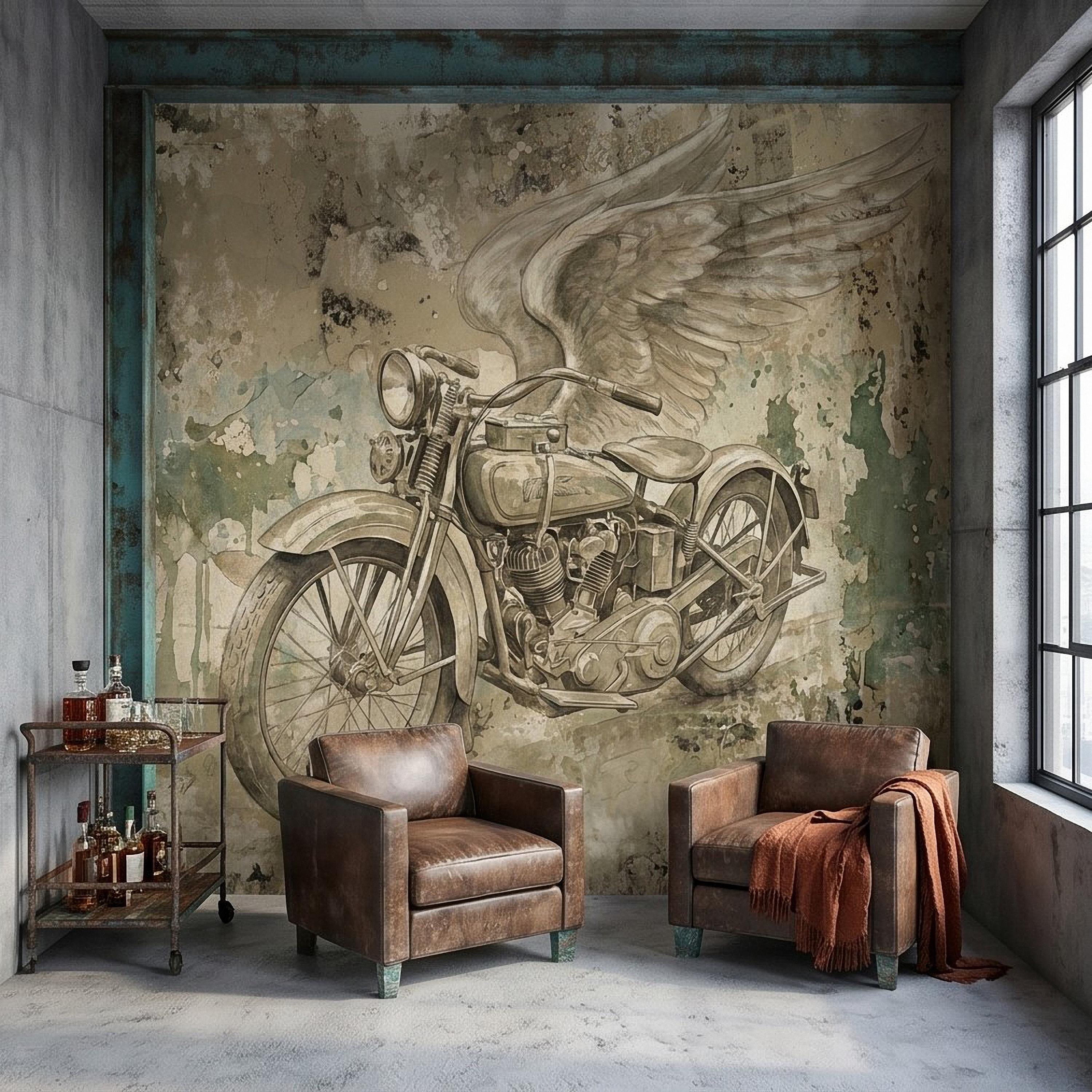 Vintage Motorcycle Peel and Stick Wall Mural, Retro Biker with Wings Rustic Industrial Garage Man Cave Wallpaper