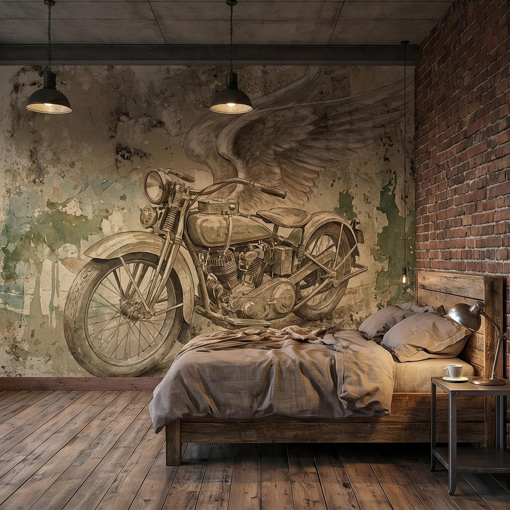 Vintage Motorcycle Peel and Stick Wall Mural, Retro Biker with Wings Rustic Industrial Garage Man Cave Wallpaper