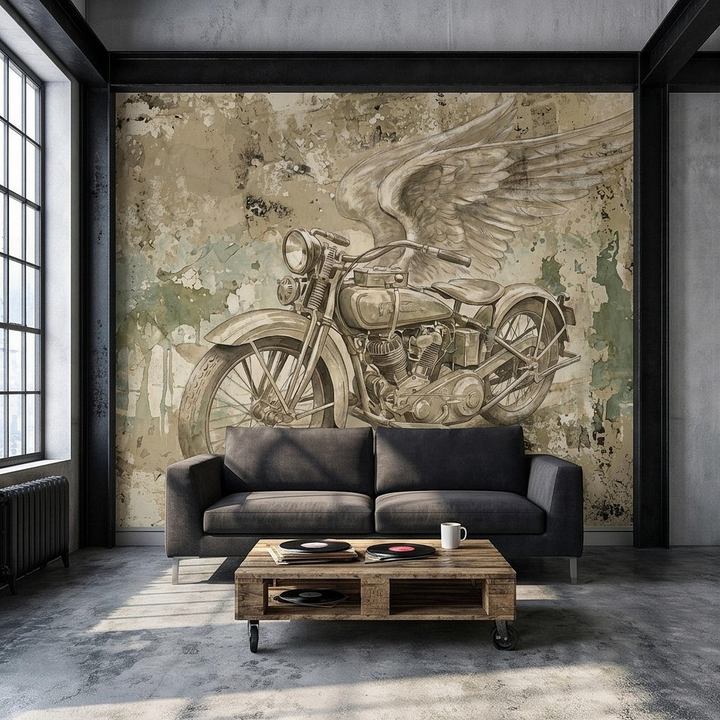 Vintage Motorcycle Peel and Stick Wall Mural, Retro Biker with Wings Rustic Industrial Garage Man Cave Wallpaper