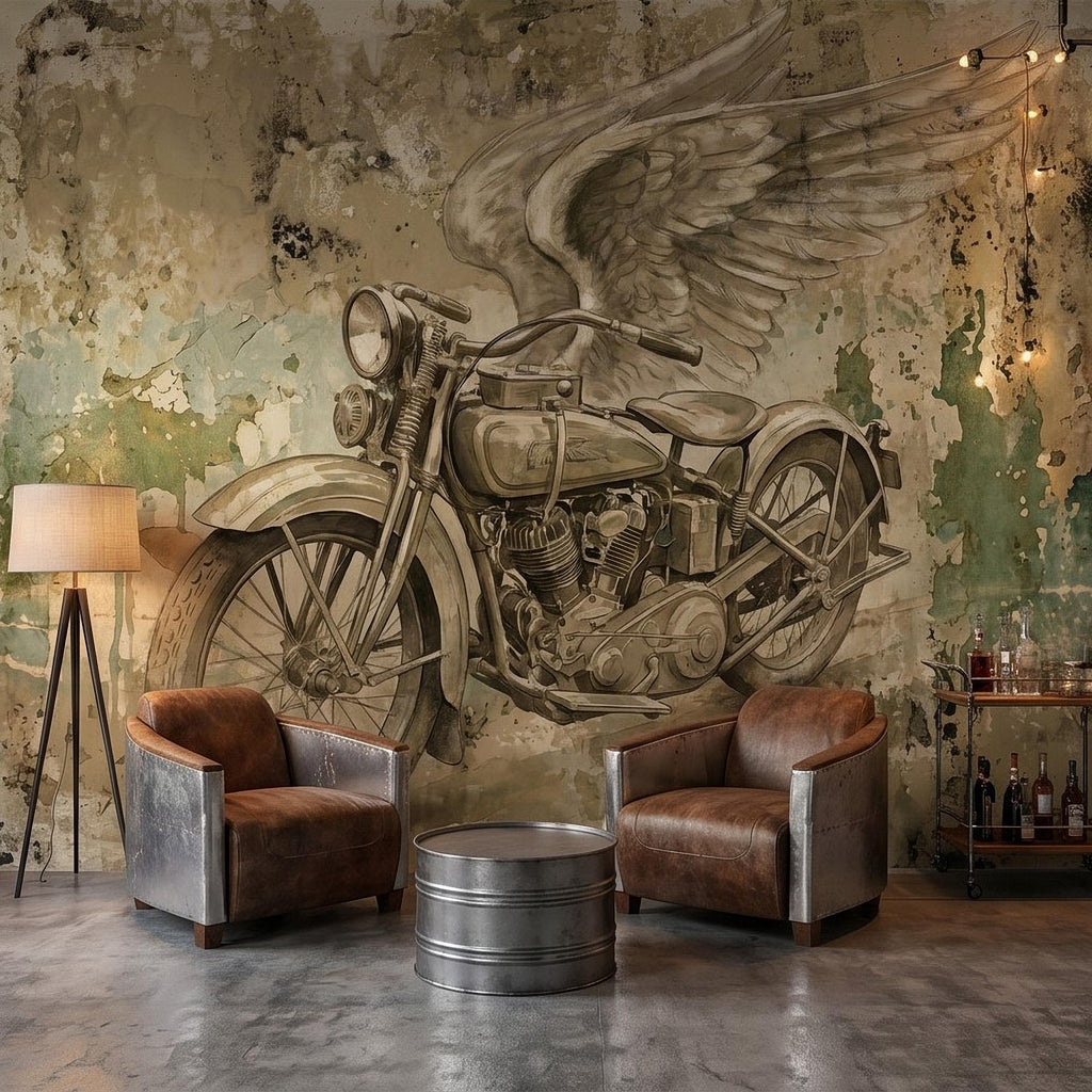 Vintage Motorcycle Peel and Stick Wall Mural, Retro Biker with Wings Rustic Industrial Garage Man Cave Wallpaper