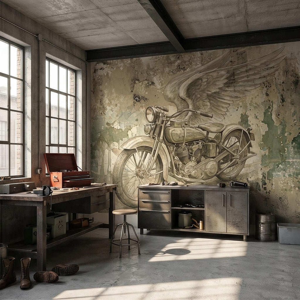 Vintage Motorcycle Peel and Stick Wall Mural, Retro Biker with Wings Rustic Industrial Garage Man Cave Wallpaper