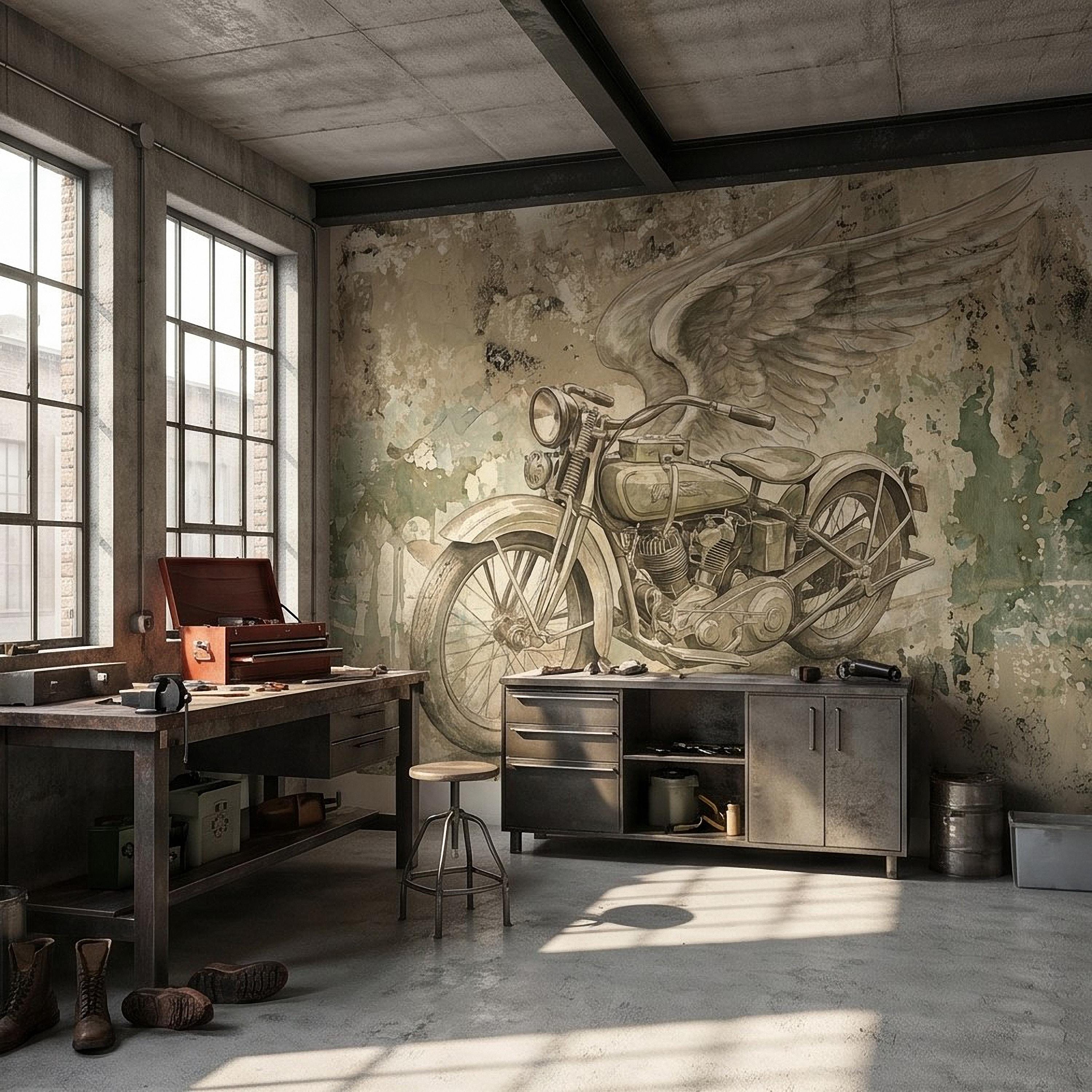 Vintage Motorcycle Peel and Stick Wall Mural, Retro Biker with Wings Rustic Industrial Garage Man Cave Wallpaper