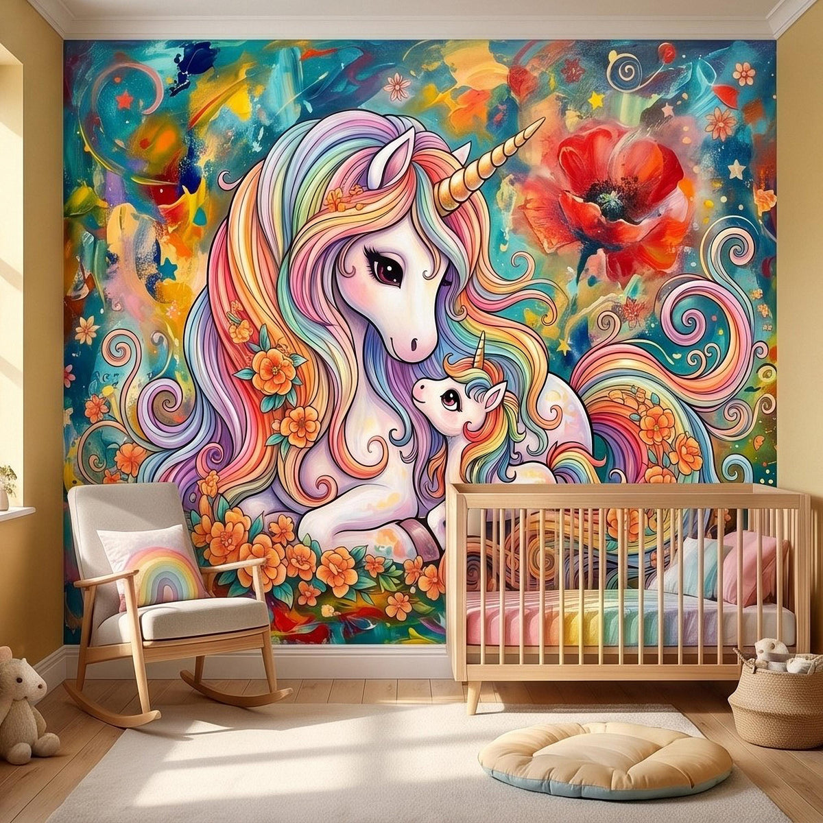Whimsical unicorn wall mural with rainbow hair, a small unicorn, floral details, and starry swirls