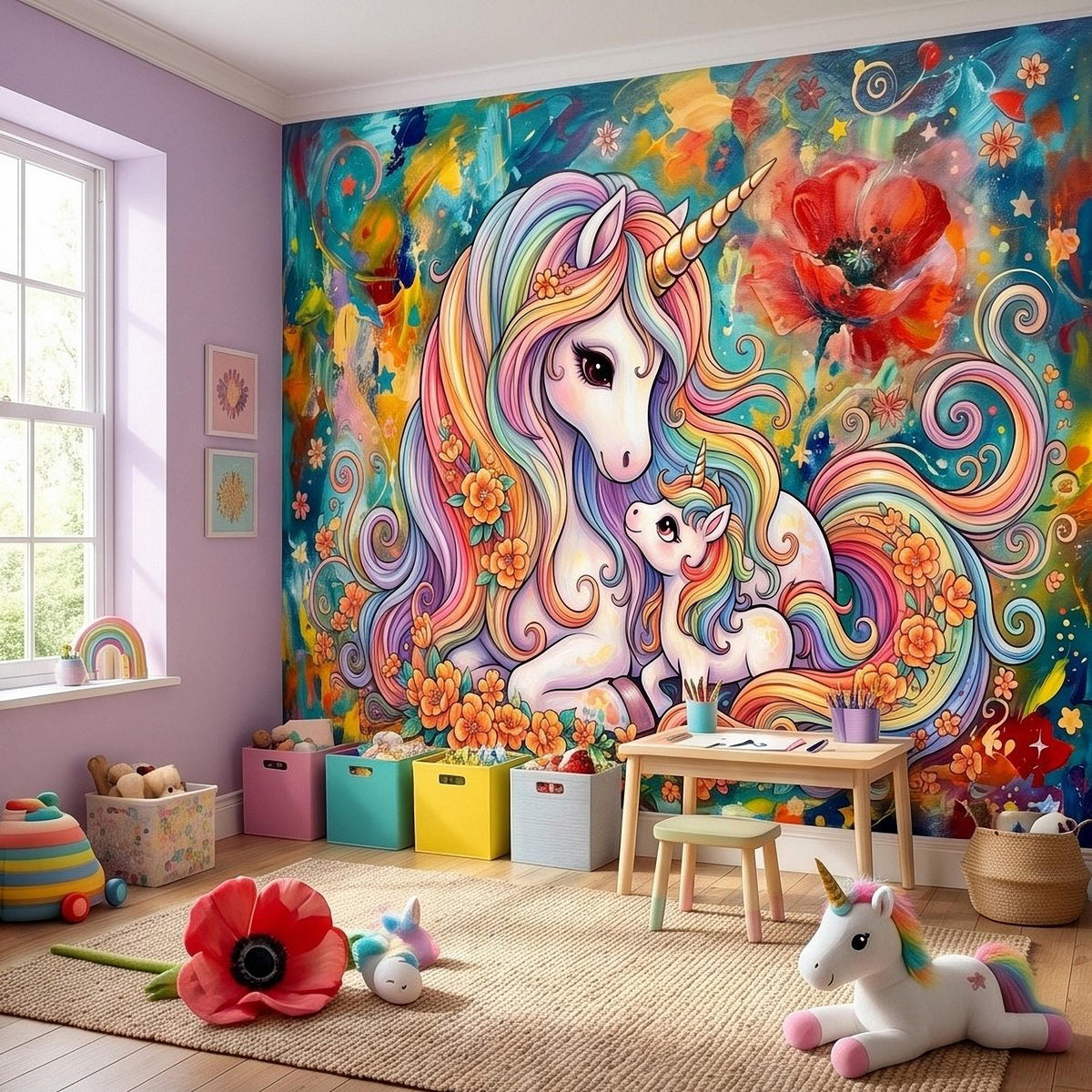 Colorful fantasy unicorn wall mural with rainbow mane, baby unicorn, sparkles, and spiral accents