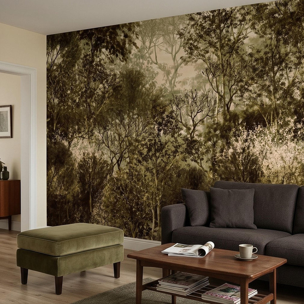 Vintage Forest Peel and Stick Wall Mural, Moody Woodland Trees Botanical Nature in Neutral Green Tones Wallpaper