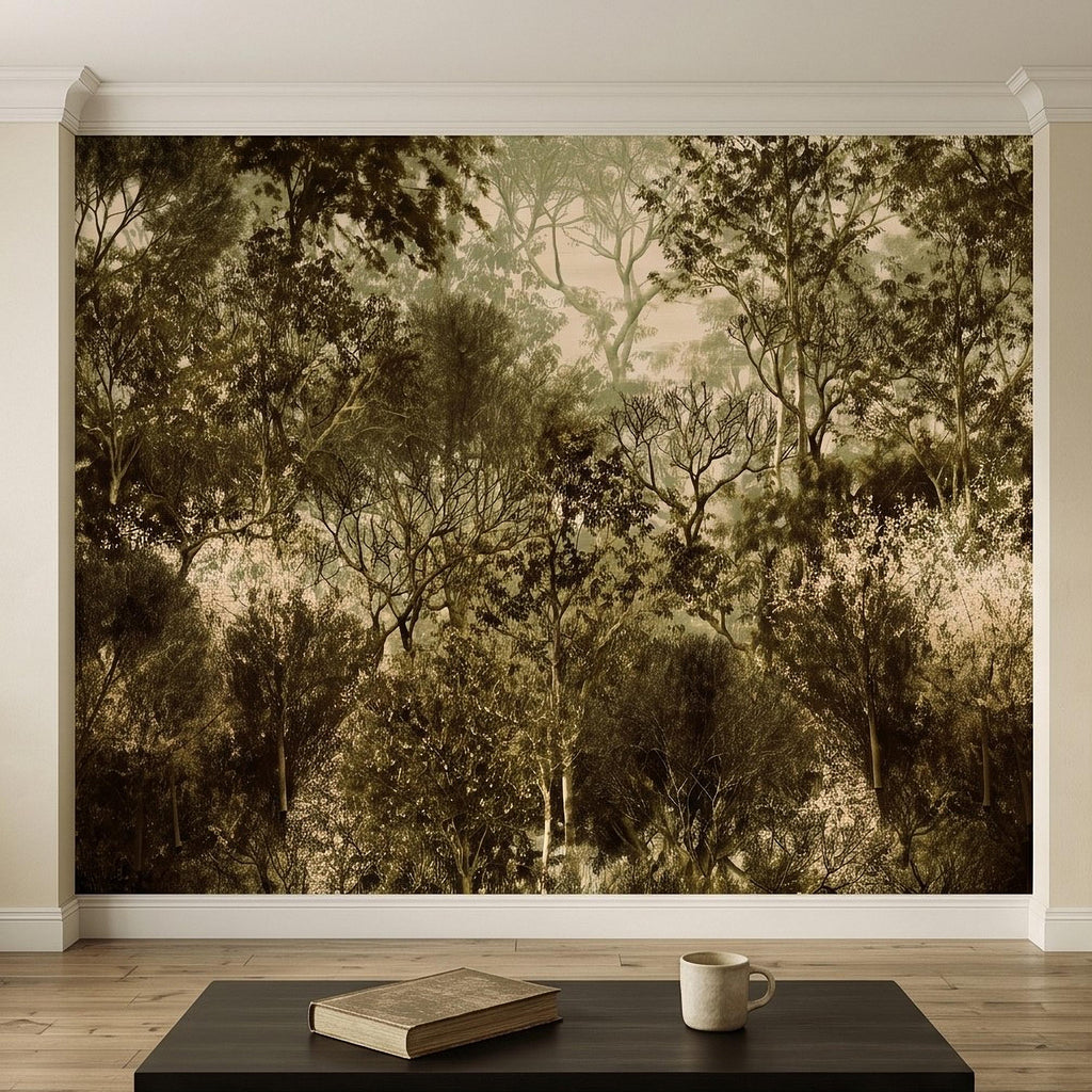 Vintage Forest Peel and Stick Wall Mural, Moody Woodland Trees Botanical Nature in Neutral Green Tones Wallpaper