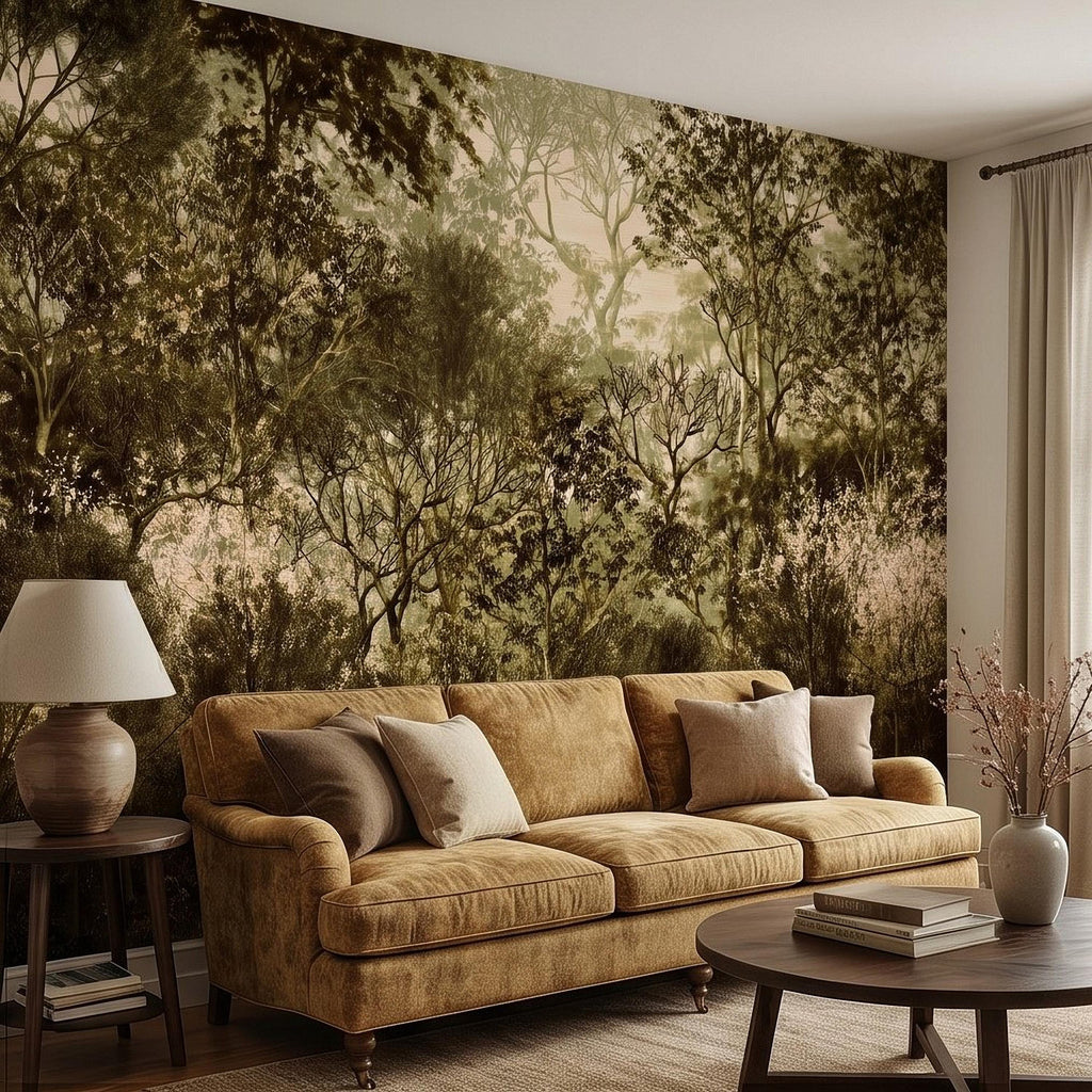 Vintage Forest Peel and Stick Wall Mural, Moody Woodland Trees Botanical Nature in Neutral Green Tones Wallpaper