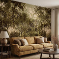 Vintage Forest Peel and Stick Wall Mural, Moody Woodland Trees Botanical Nature in Neutral Green Tones Wallpaper