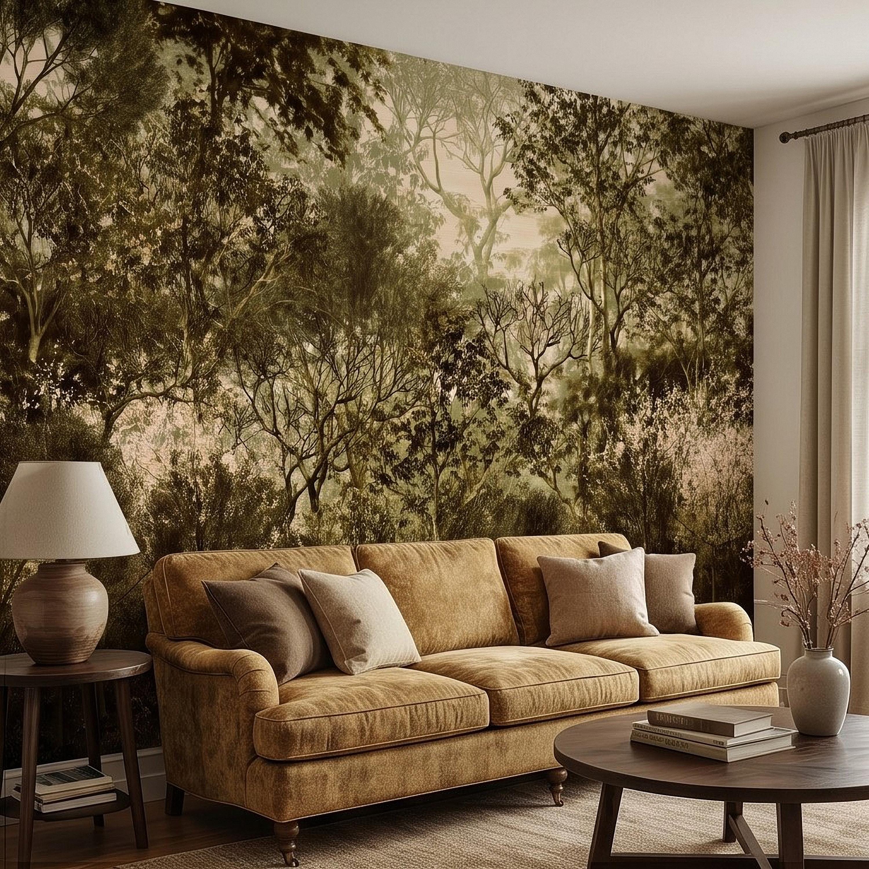 Vintage Forest Peel and Stick Wall Mural, Moody Woodland Trees Botanical Nature in Neutral Green Tones Wallpaper