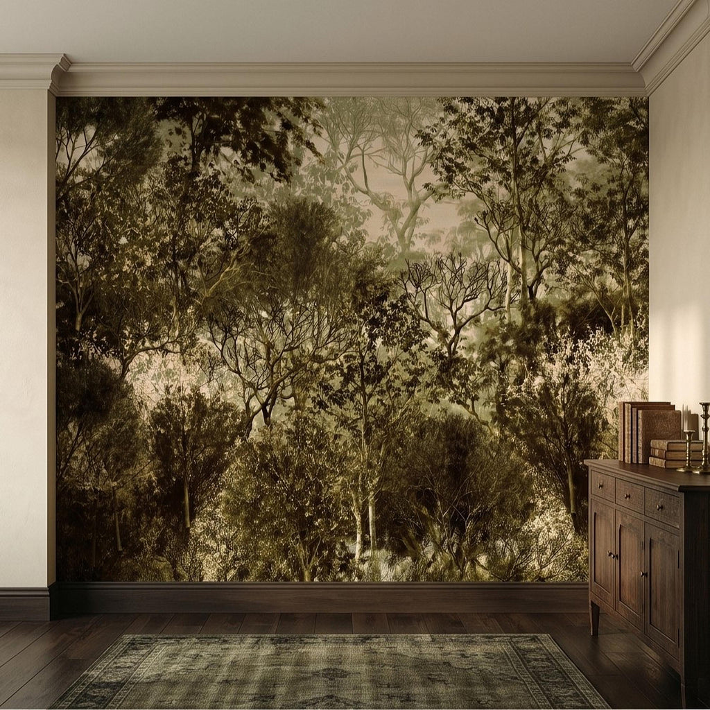 Vintage Forest Peel and Stick Wall Mural, Moody Woodland Trees Botanical Nature in Neutral Green Tones Wallpaper