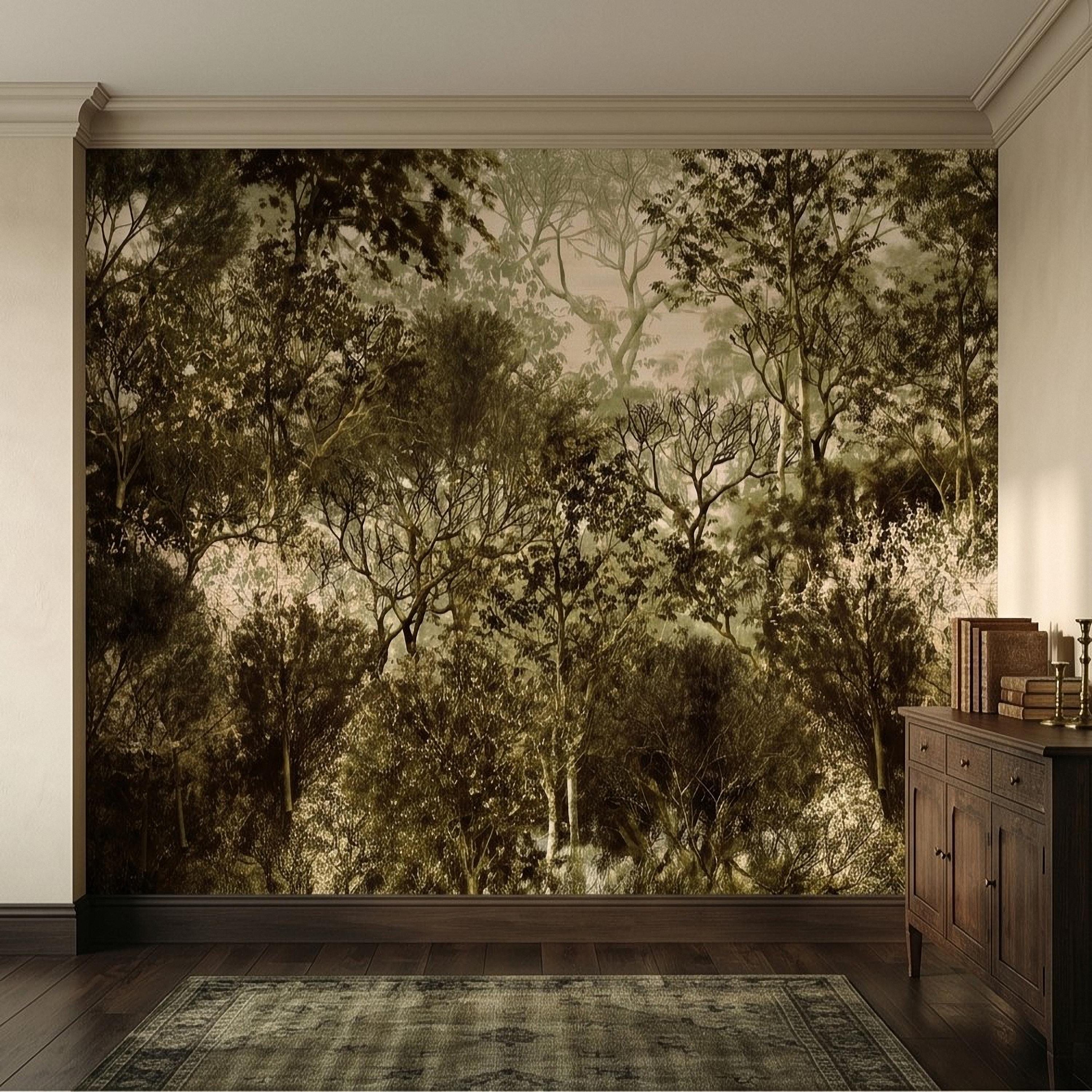 Vintage Forest Peel and Stick Wall Mural, Moody Woodland Trees Botanical Nature in Neutral Green Tones Wallpaper