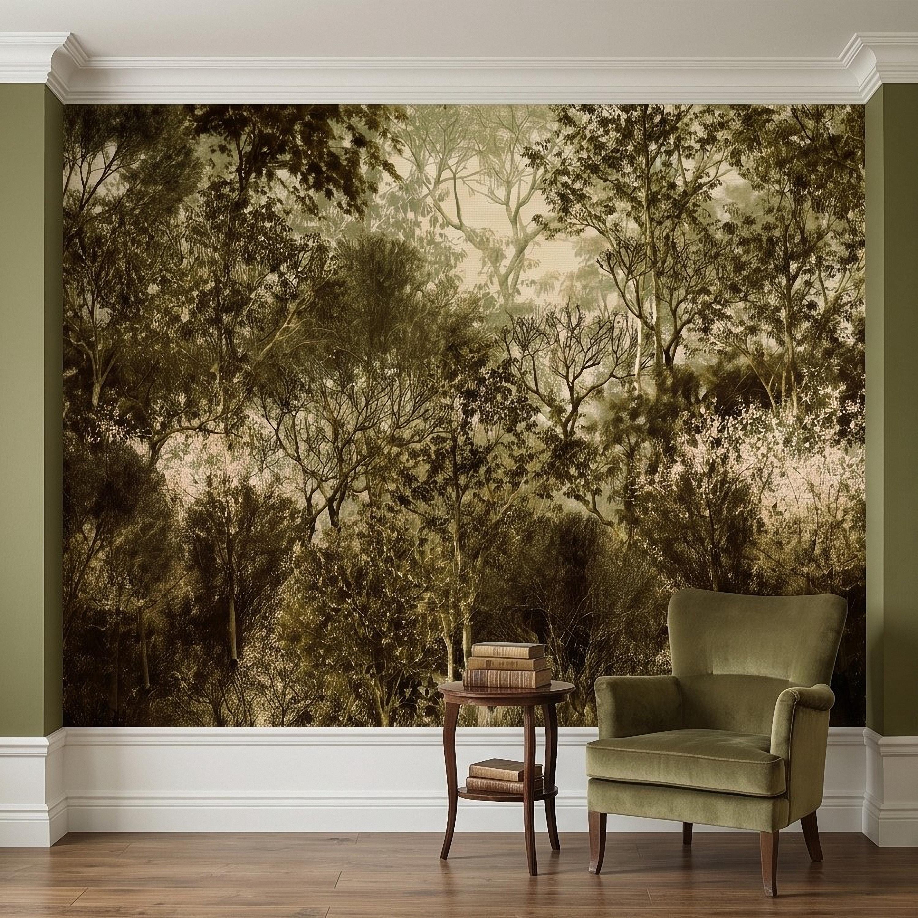 Vintage Forest Peel and Stick Wall Mural, Moody Woodland Trees Botanical Nature in Neutral Green Tones Wallpaper