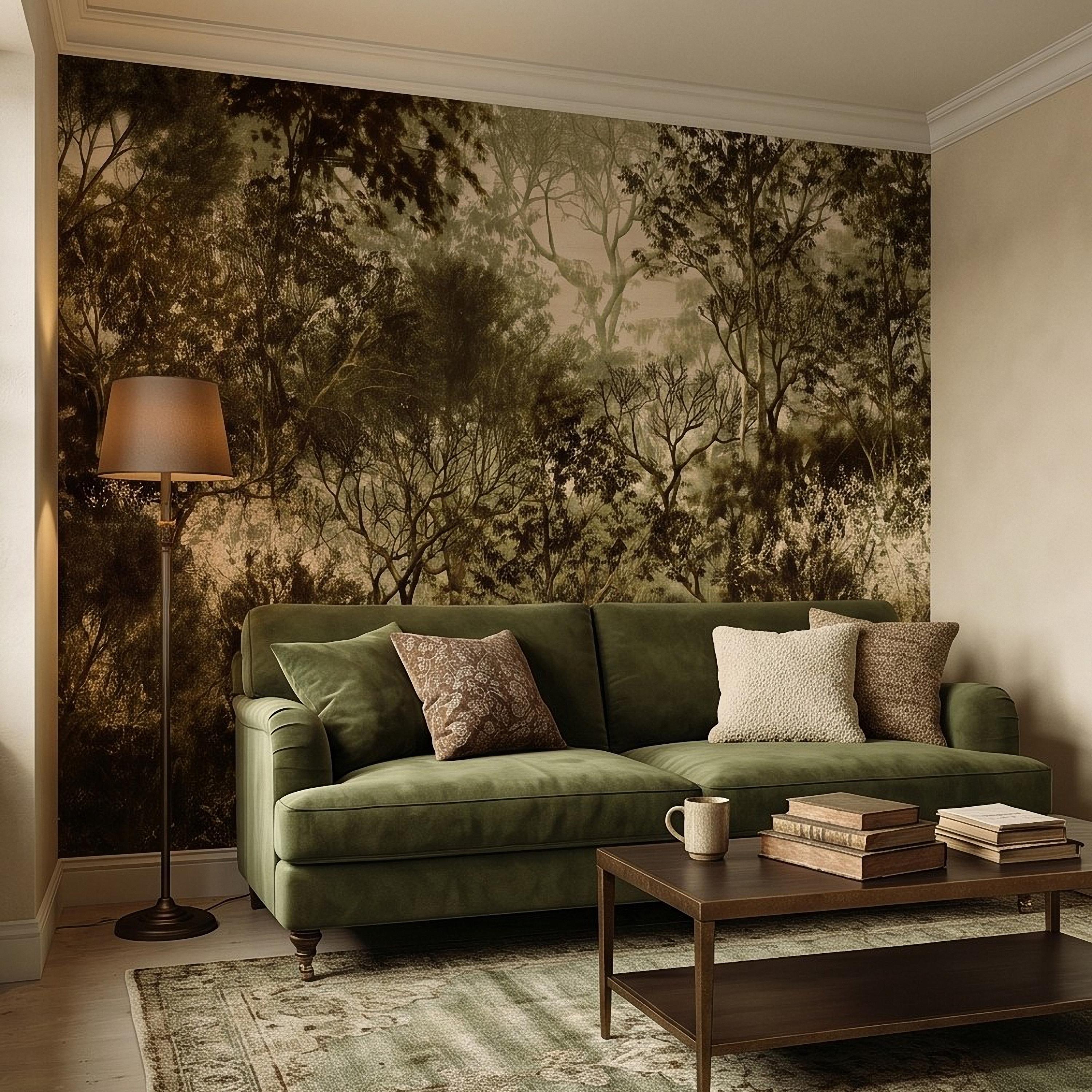 Vintage Forest Peel and Stick Wall Mural, Moody Woodland Trees Botanical Nature in Neutral Green Tones Wallpaper