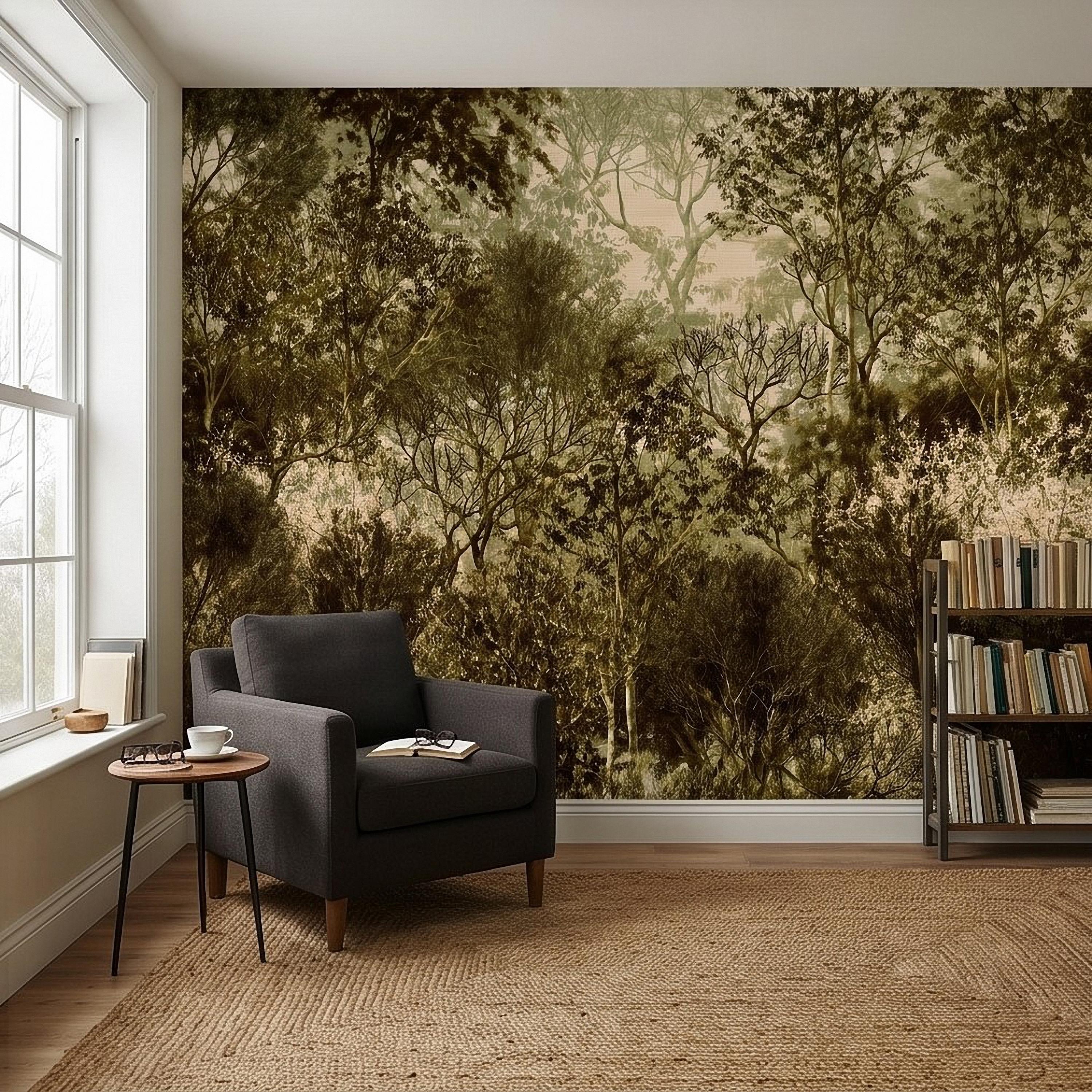 Vintage Forest Peel and Stick Wall Mural, Moody Woodland Trees Botanical Nature in Neutral Green Tones Wallpaper