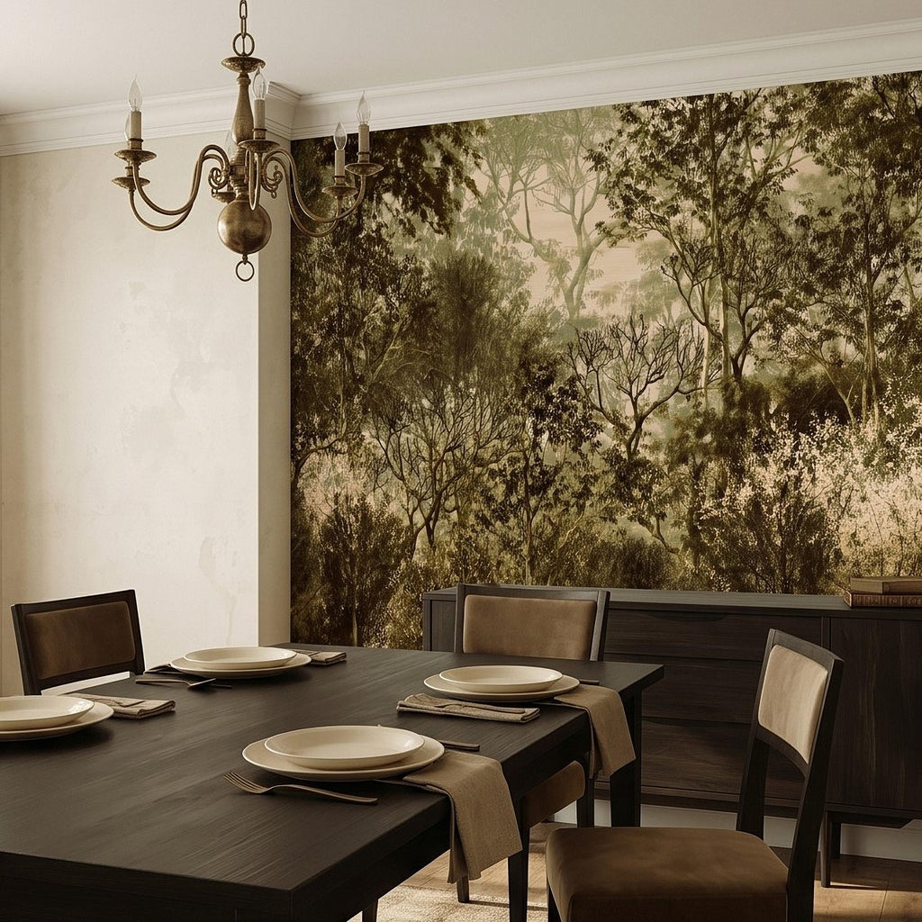 Vintage Forest Peel and Stick Wall Mural, Moody Woodland Trees Botanical Nature in Neutral Green Tones Wallpaper