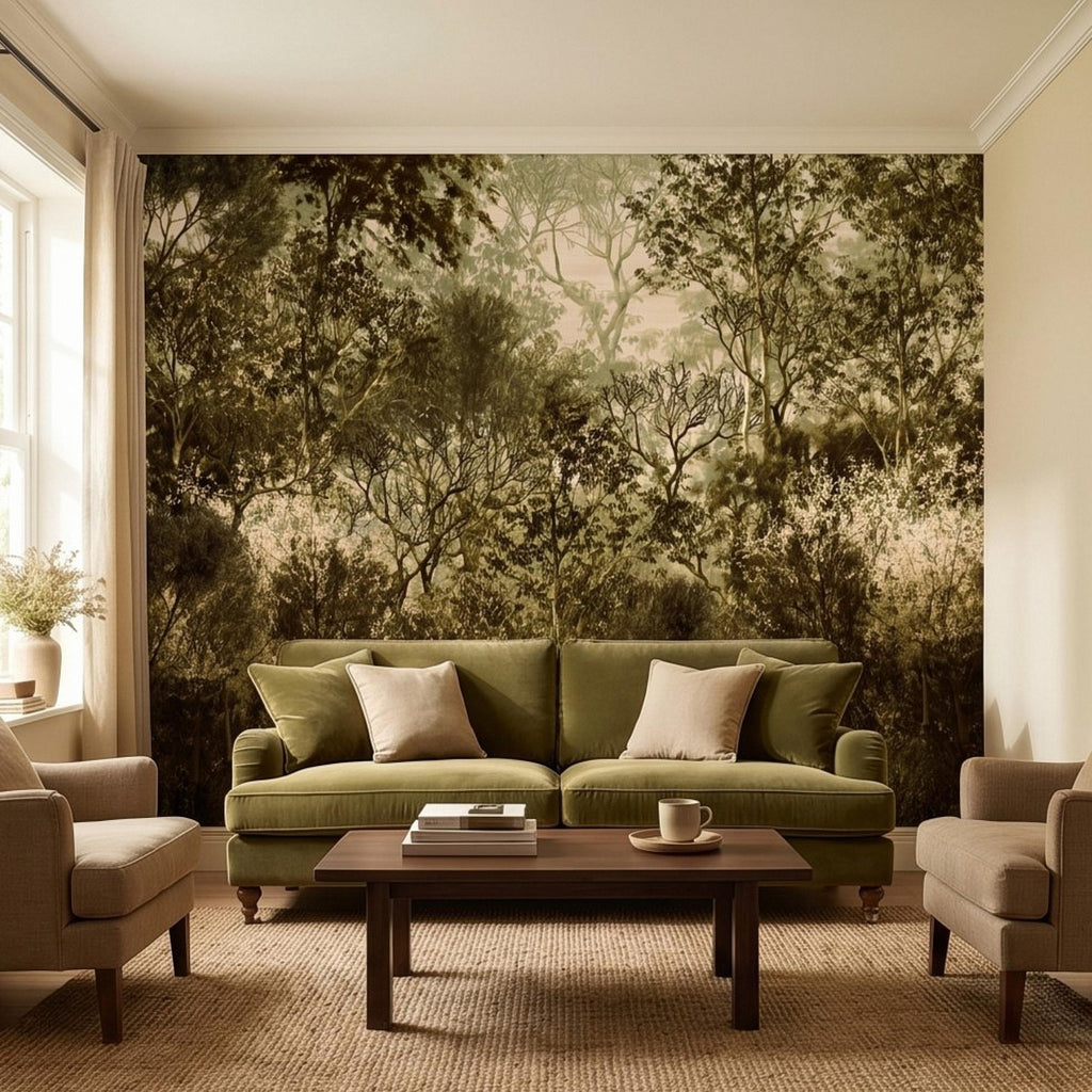 Vintage Forest Peel and Stick Wall Mural, Moody Woodland Trees Botanical Nature in Neutral Green Tones Wallpaper
