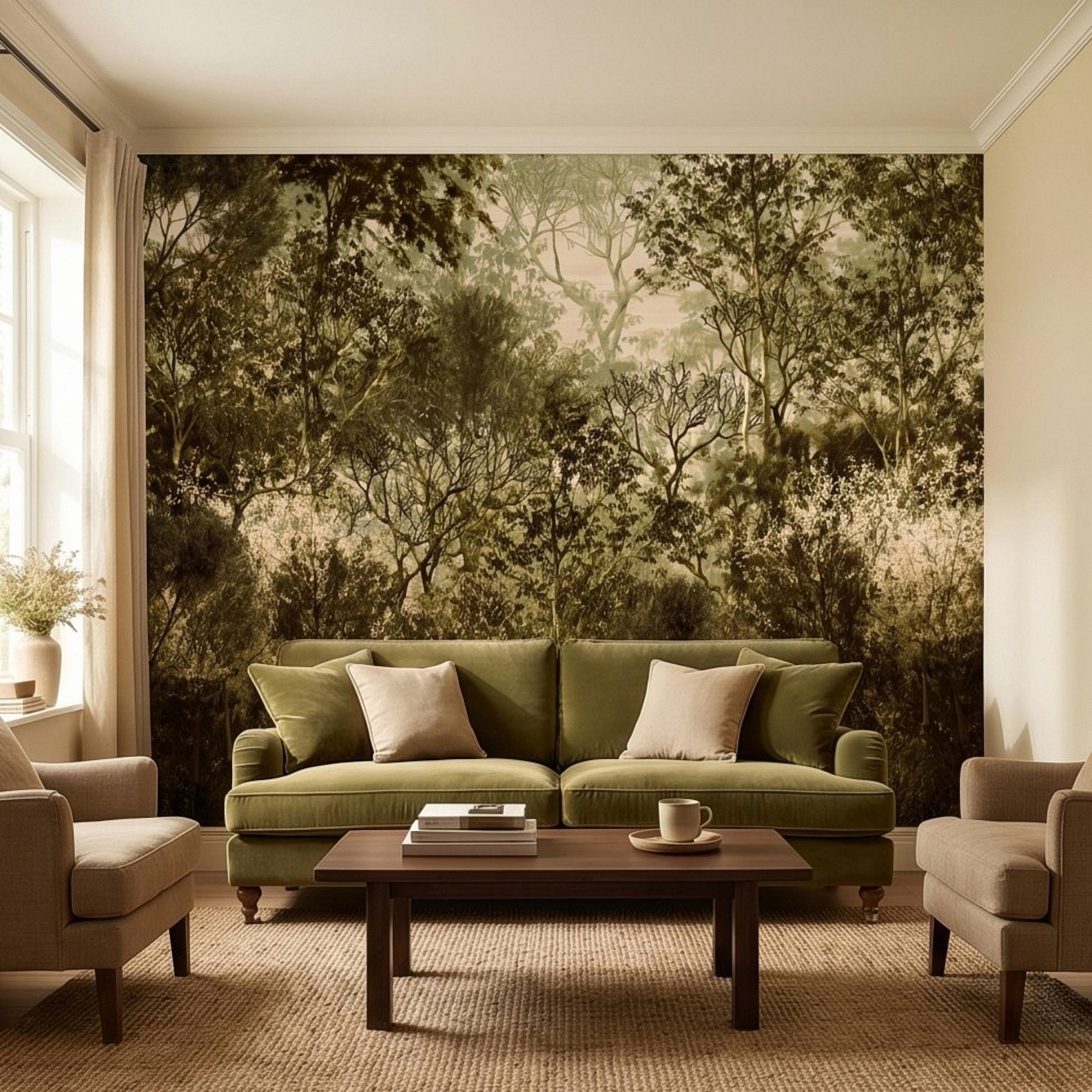 Vintage Forest Peel and Stick Wall Mural, Moody Woodland Trees Botanical Nature in Neutral Green Tones Wallpaper