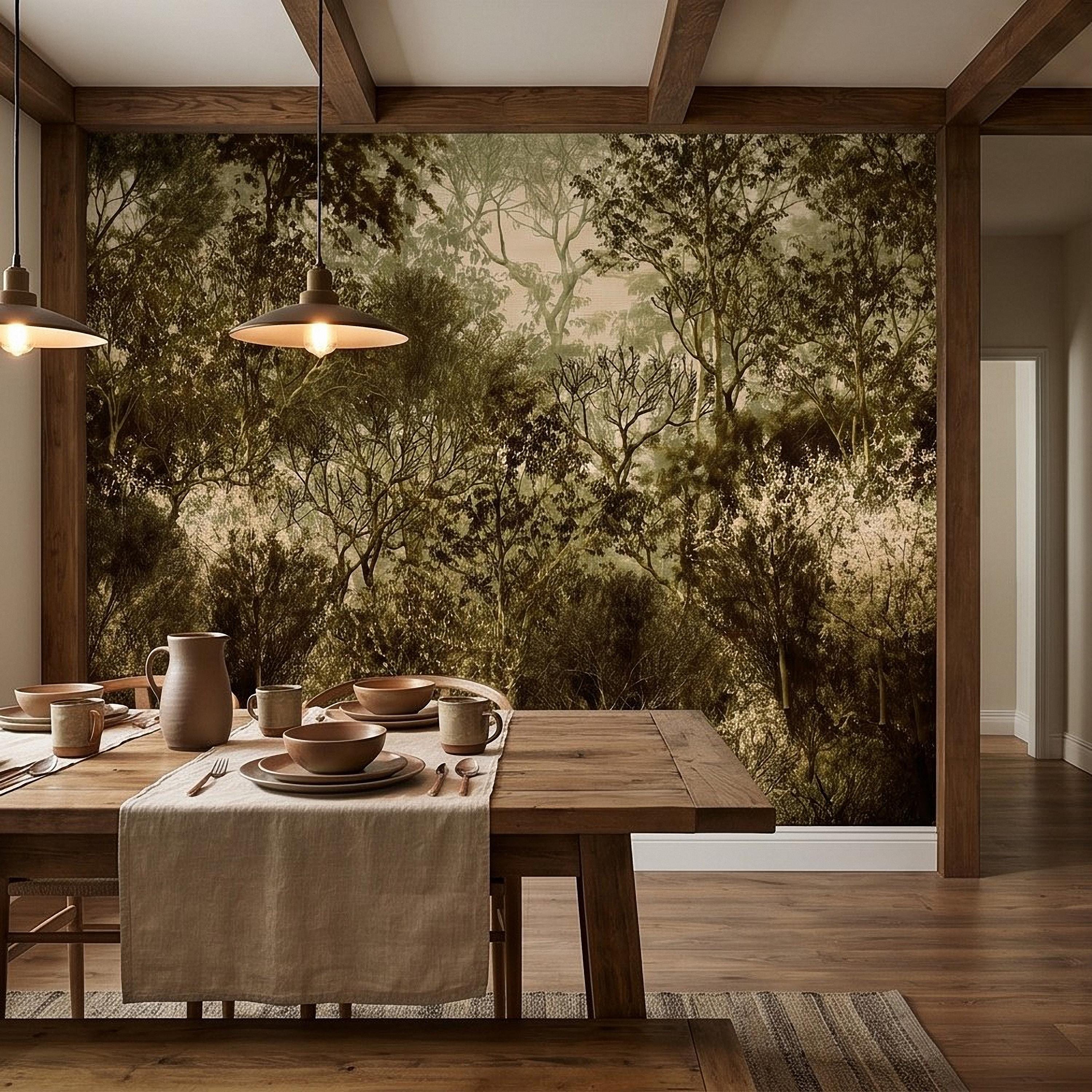 Vintage Forest Peel and Stick Wall Mural, Moody Woodland Trees Botanical Nature in Neutral Green Tones Wallpaper