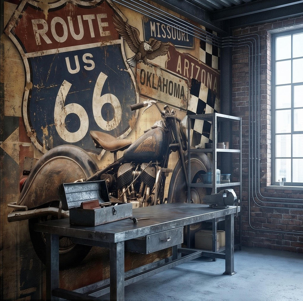 Vintage Route 66 Peel and Stick Wall Mural, Classic American Motorcycle Garage Man Cave Industrial Loft Wallpaper