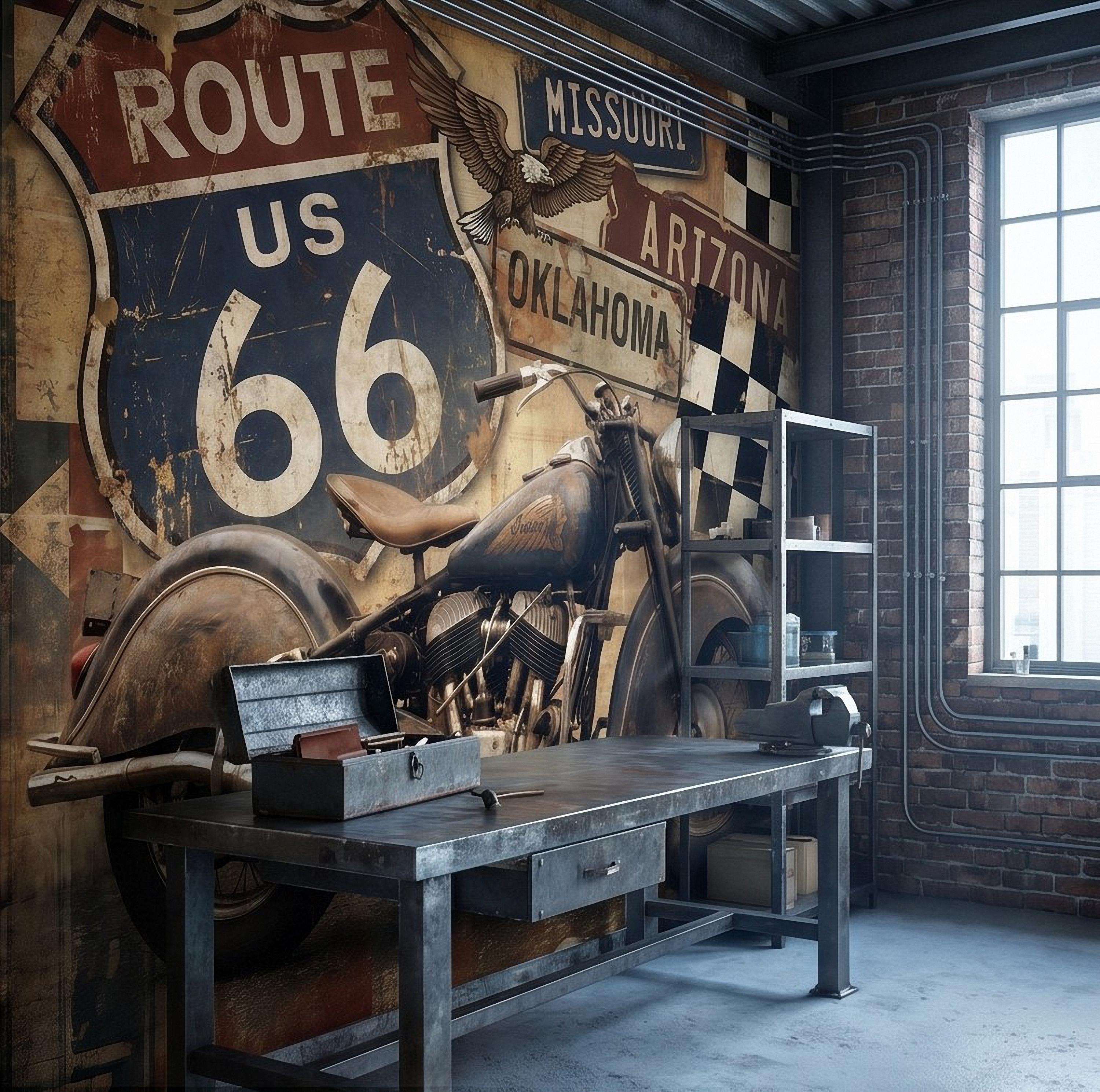 Vintage Route 66 Peel and Stick Wall Mural, Classic American Motorcycle Garage Man Cave Industrial Loft Wallpaper