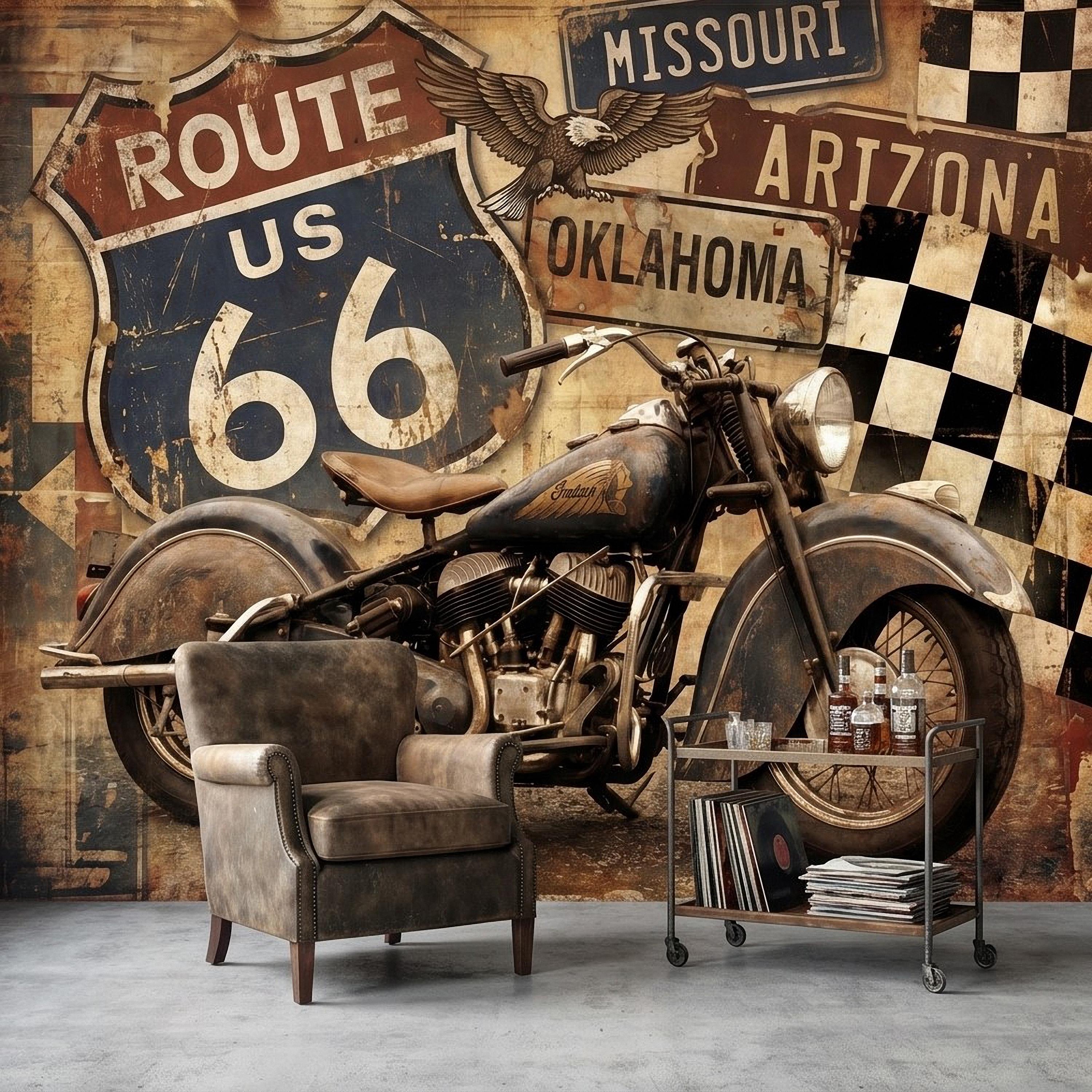 Vintage Route 66 Peel and Stick Wall Mural, Classic American Motorcycle Garage Man Cave Industrial Loft Wallpaper