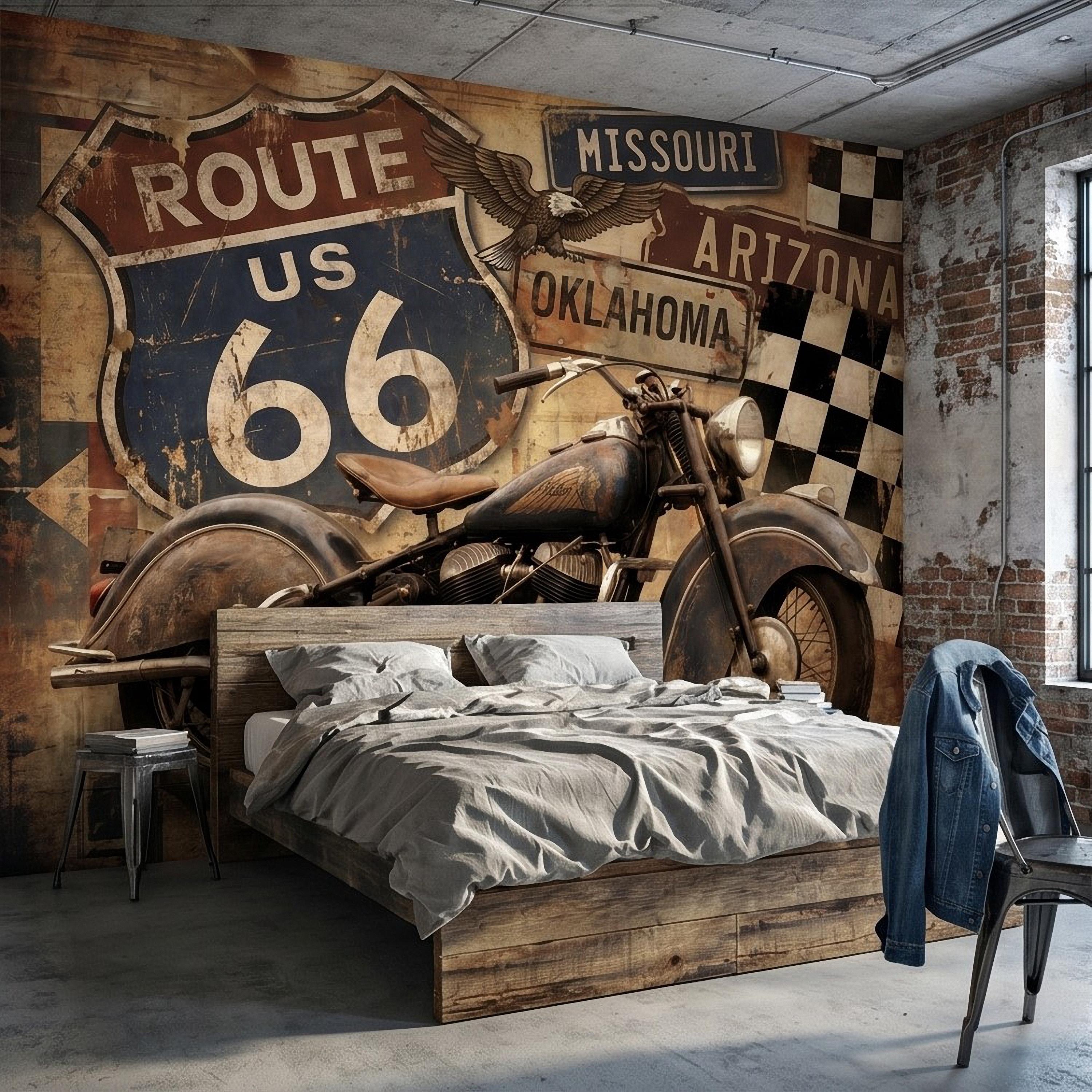 Vintage Route 66 Peel and Stick Wall Mural, Classic American Motorcycle Garage Man Cave Industrial Loft Wallpaper