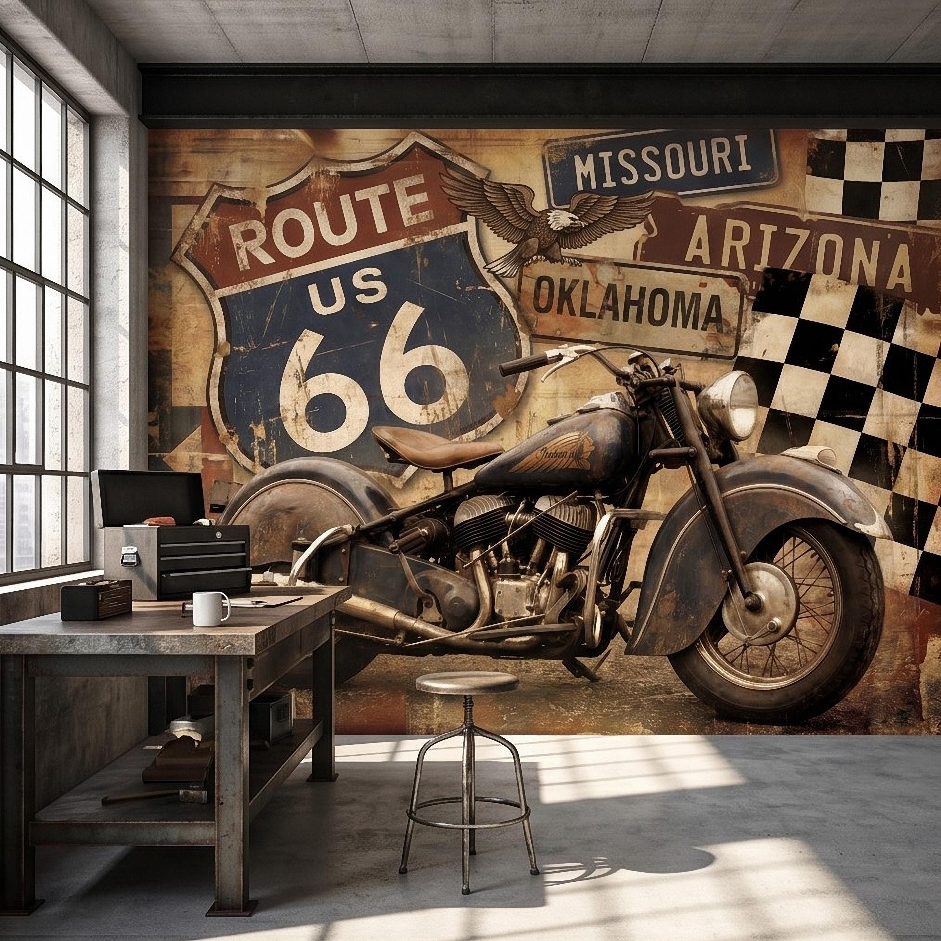 Vintage Route 66 Peel and Stick Wall Mural, Classic American Motorcycle Garage Man Cave Industrial Loft Wallpaper