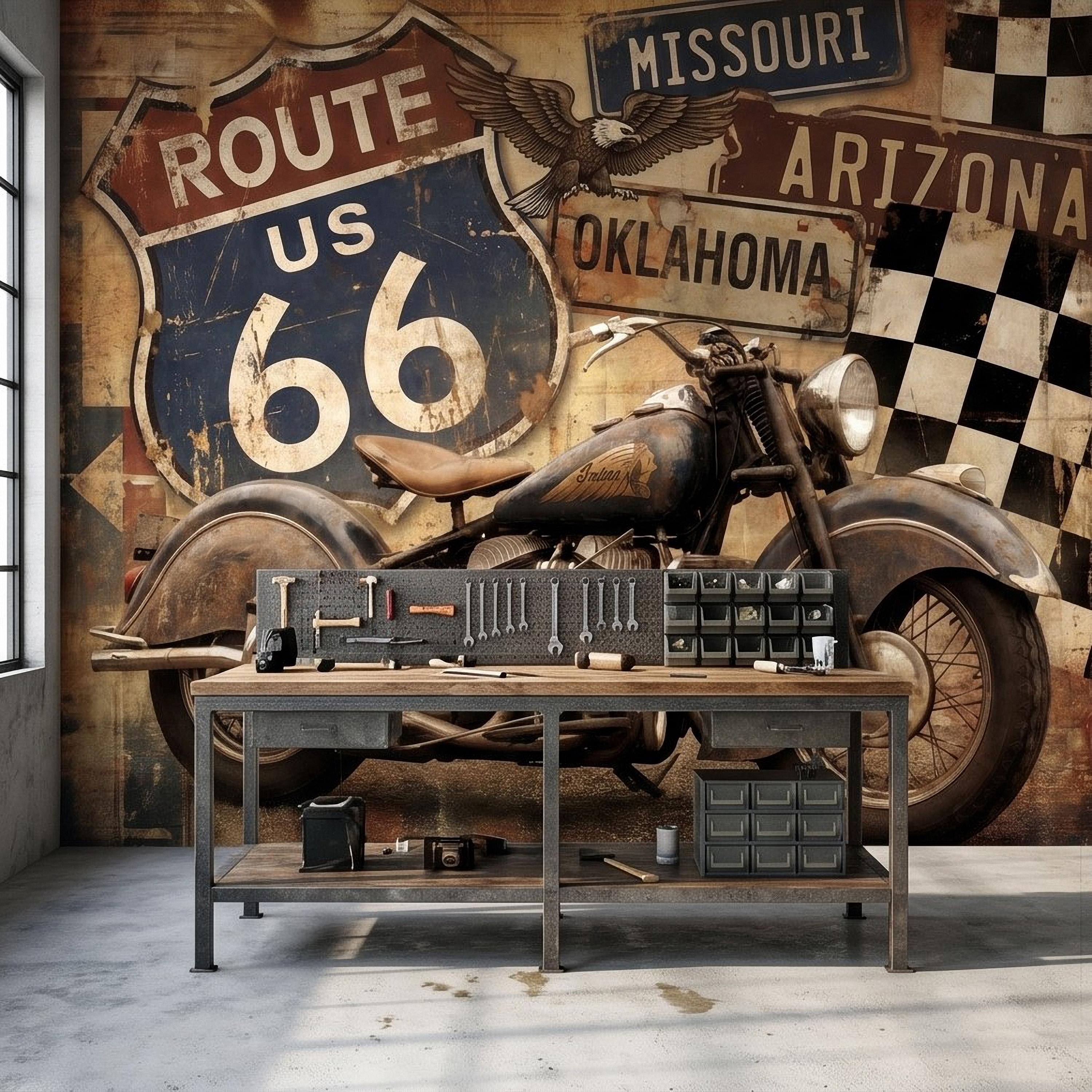 Vintage Route 66 Peel and Stick Wall Mural, Classic American Motorcycle Garage Man Cave Industrial Loft Wallpaper
