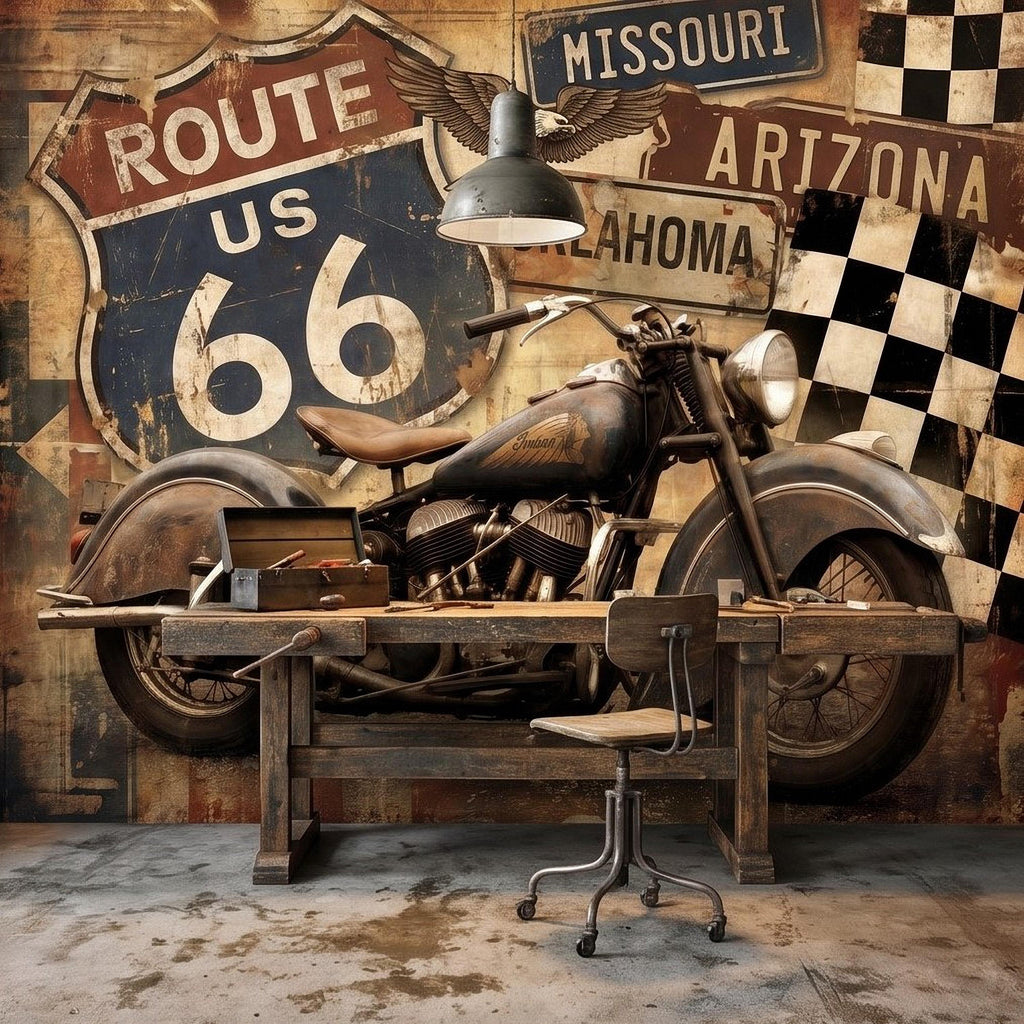 Vintage Route 66 Peel and Stick Wall Mural, Classic American Motorcycle Garage Man Cave Industrial Loft Wallpaper