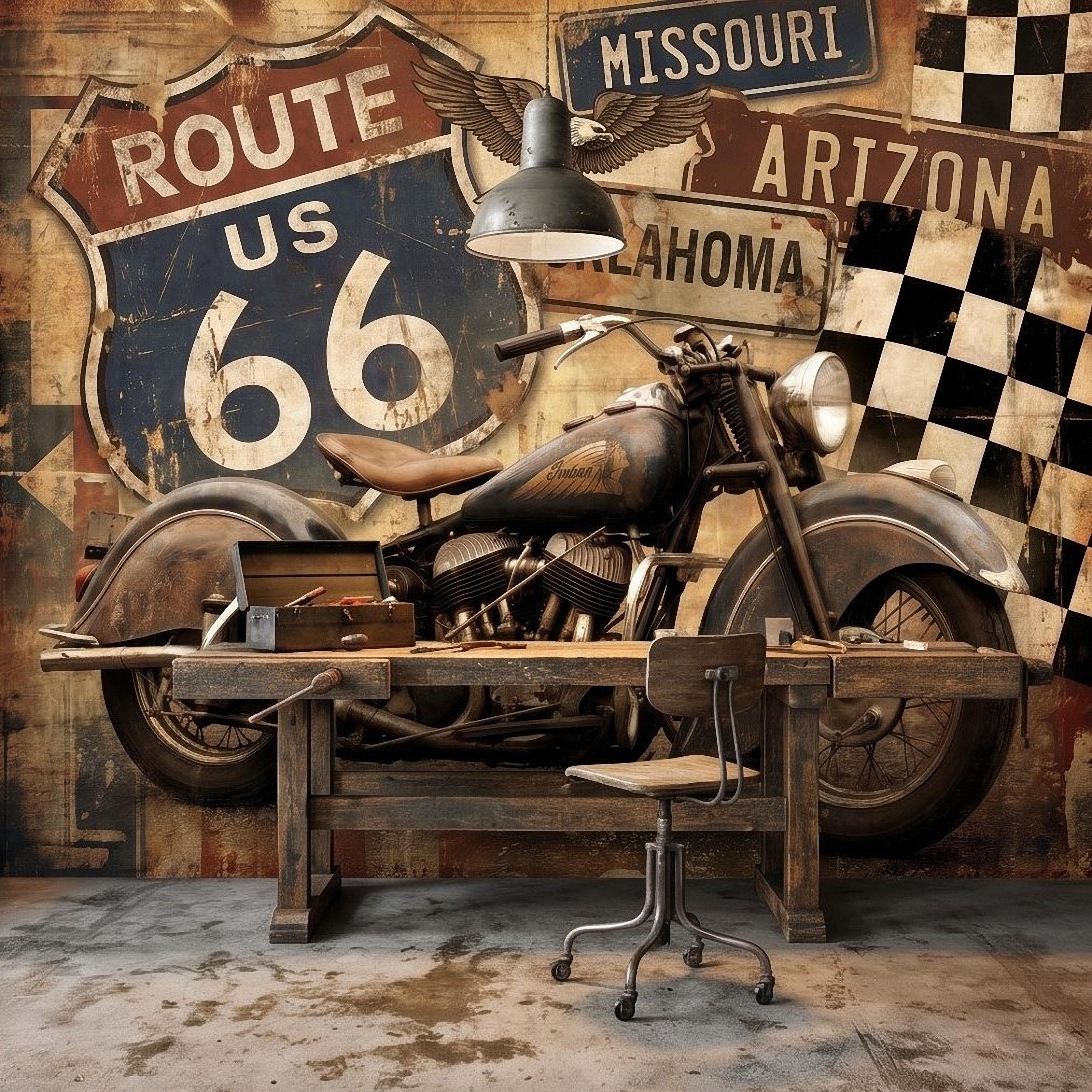 Vintage Route 66 Peel and Stick Wall Mural, Classic American Motorcycle Garage Man Cave Industrial Loft Wallpaper