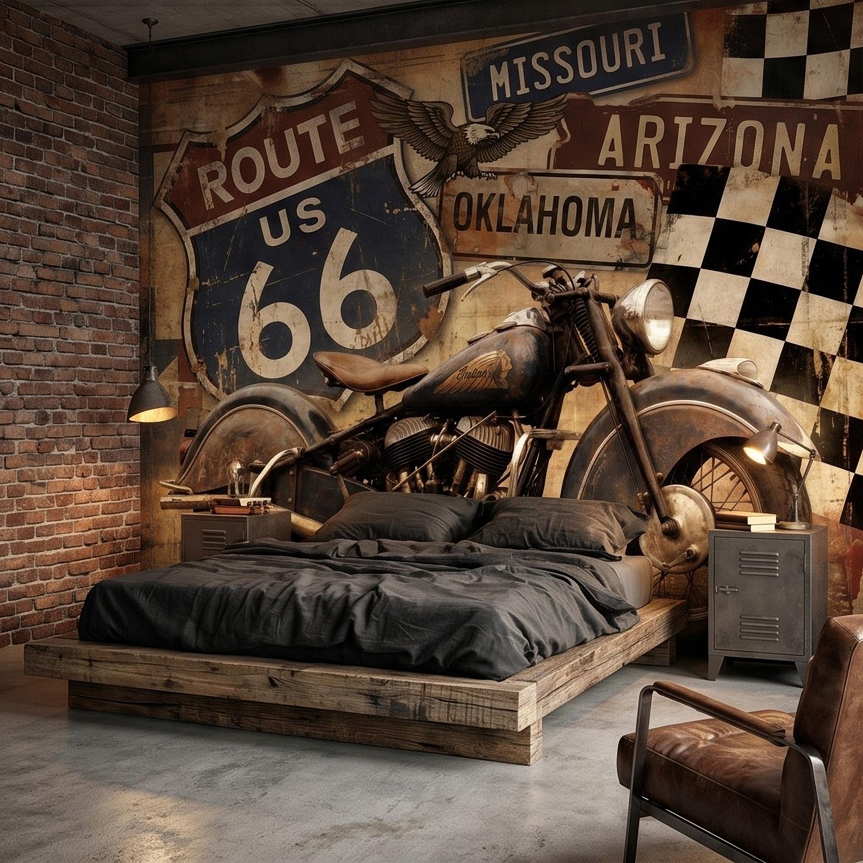 Vintage Route 66 Peel and Stick Wall Mural, Classic American Motorcycle Garage Man Cave Industrial Loft Wallpaper